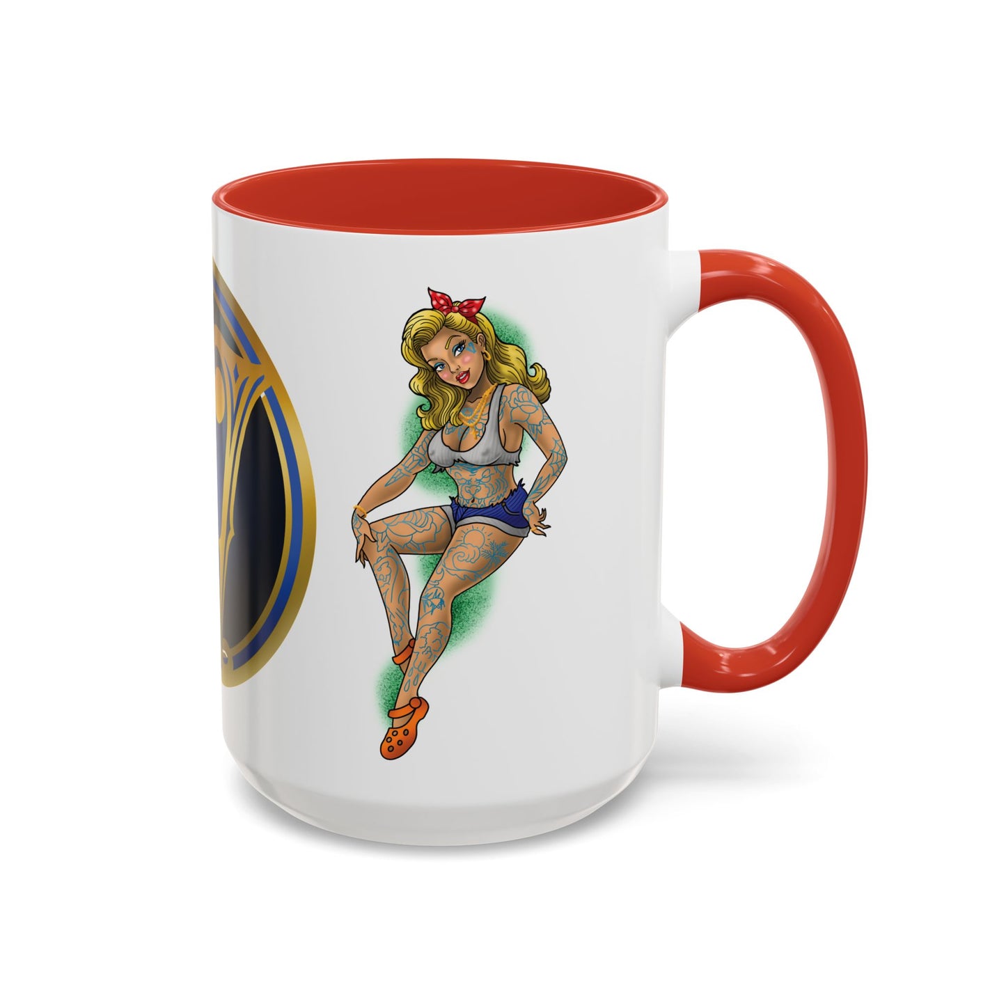 Vintage Pin-Up Coffee Mug with Gold Monogram V — Retro Tattoo Style Accent Mug (11/15oz)