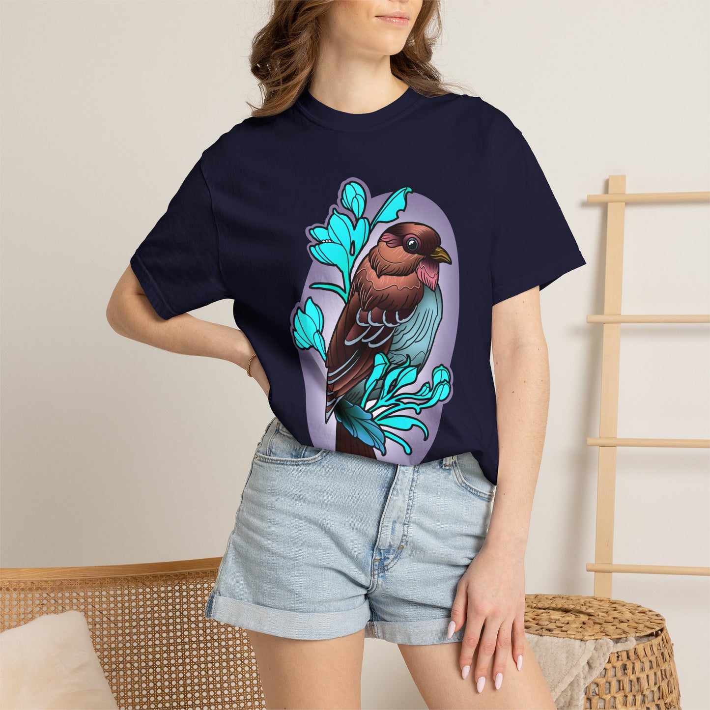 Bird Illustration T-Shirt — Colorful Sparrow on Floral Branch Tee