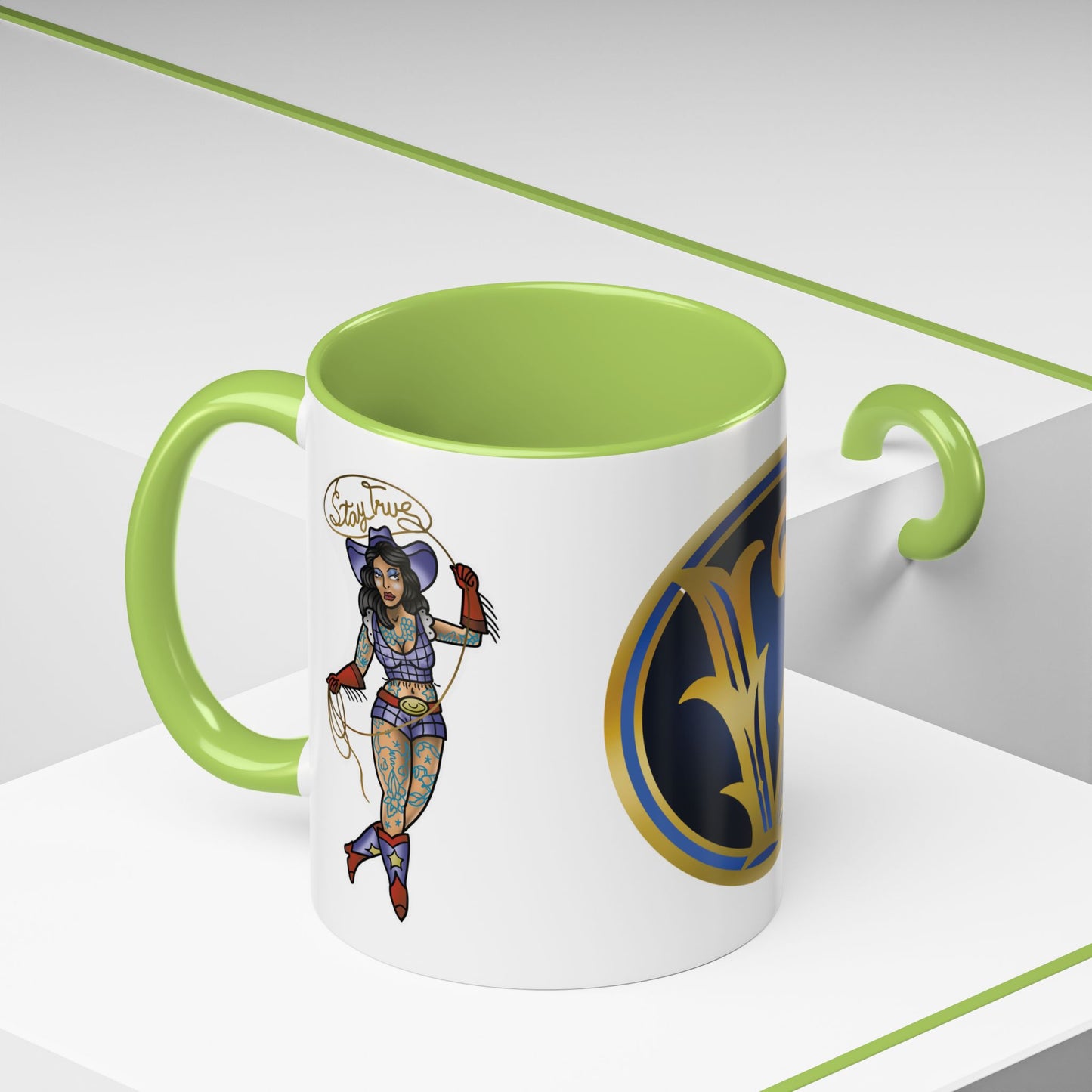 Accent Coffee Mug — Vintage Gold 'V' Monogram & Pin-Up Cowgirl Illustration (11oz/15oz)