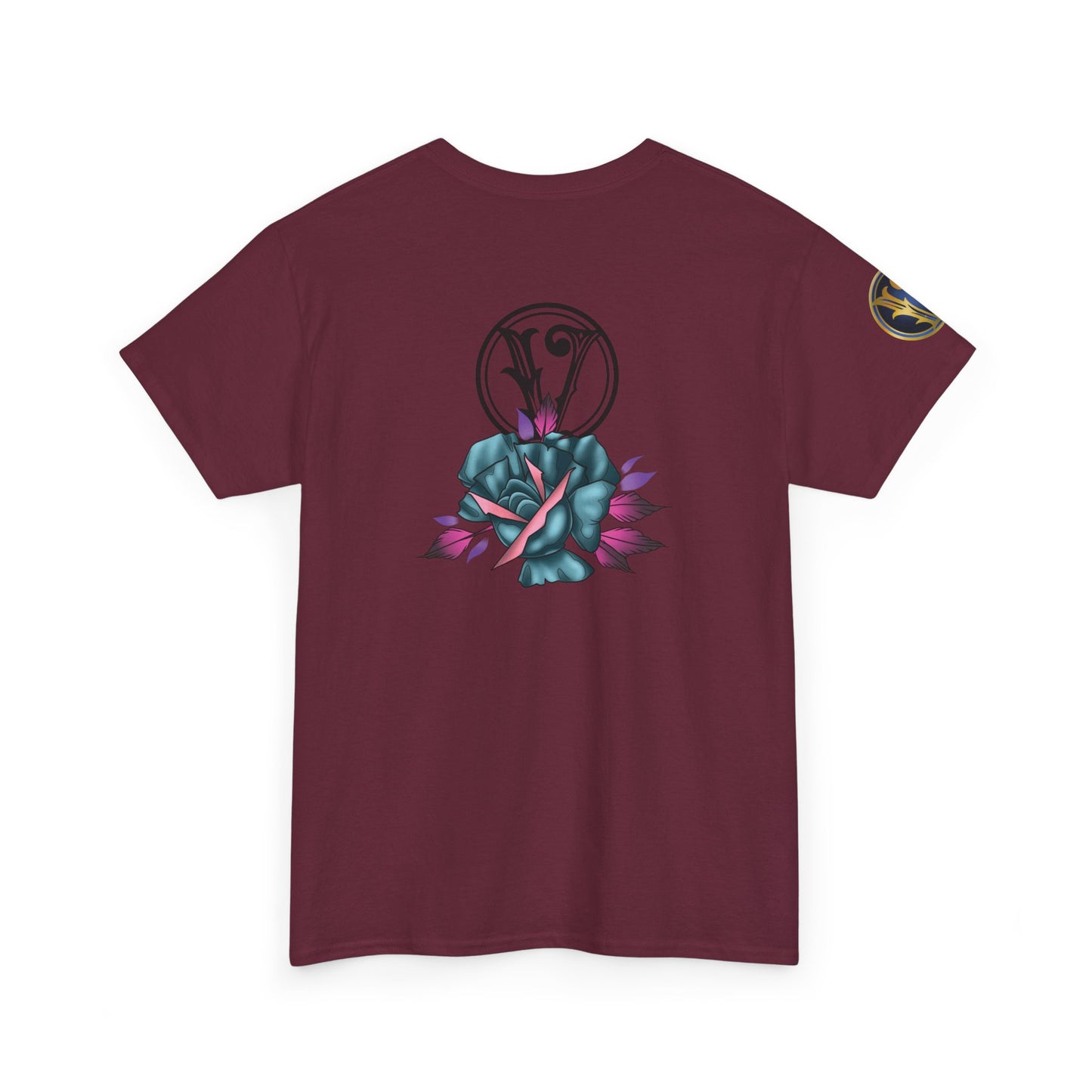 Blue & Pink Rose Graphic Tee — Vintage Floral Tattoo Shirt