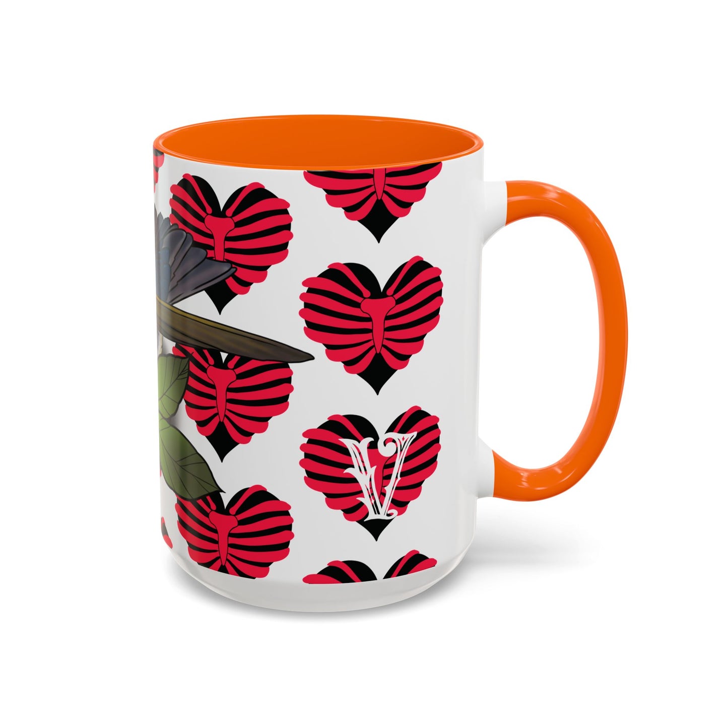 Bird & Hearts Accent Coffee Mug – Colorful Songbird Pattern (11/15oz)