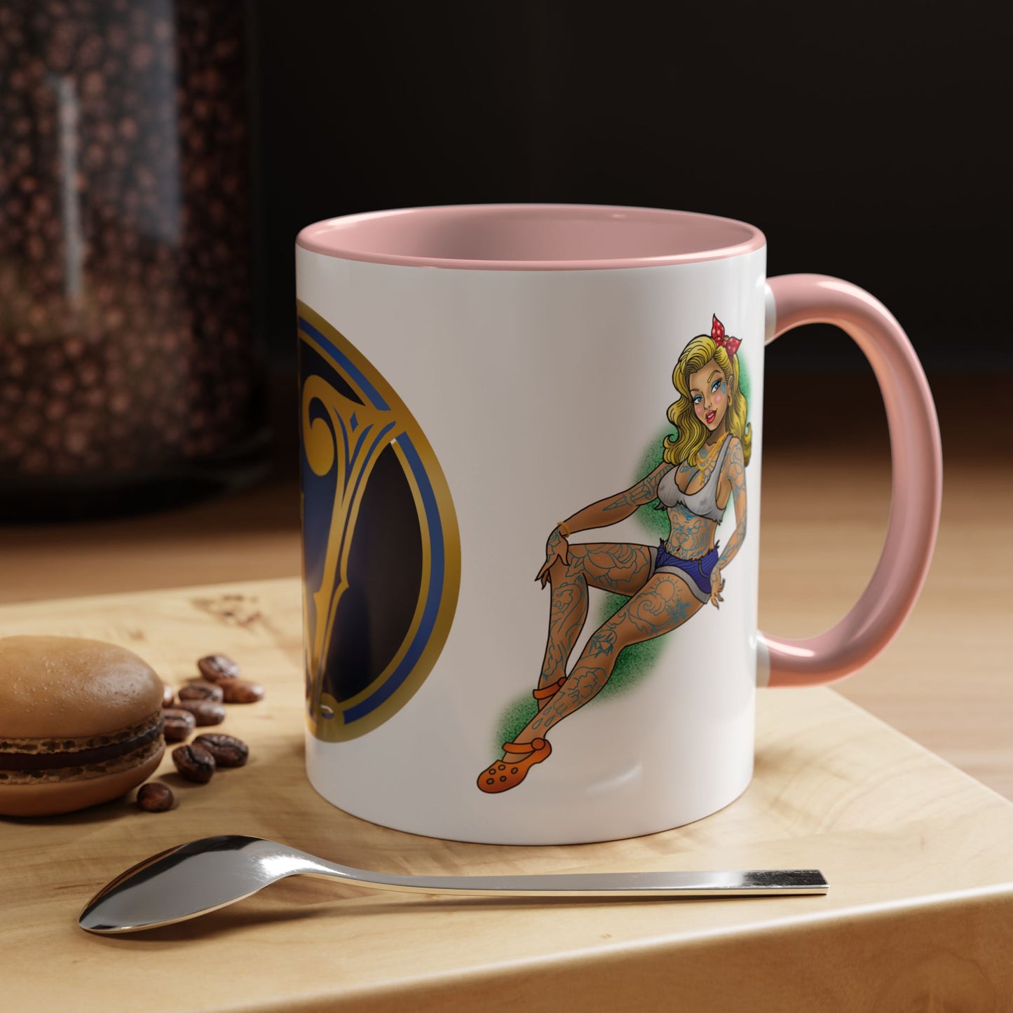 Vintage Pin-Up Coffee Mug with Gold Monogram V — Retro Tattoo Style Accent Mug (11/15oz)