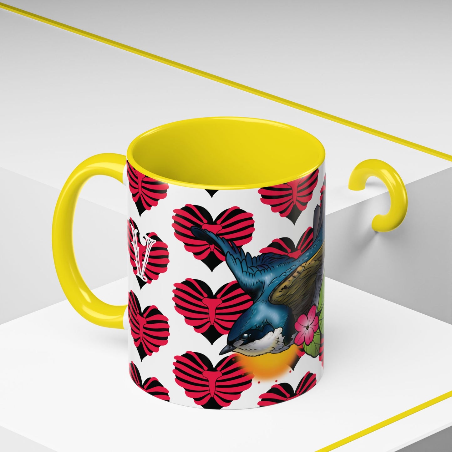Bird & Hearts Accent Coffee Mug – Colorful Songbird Pattern (11/15oz)