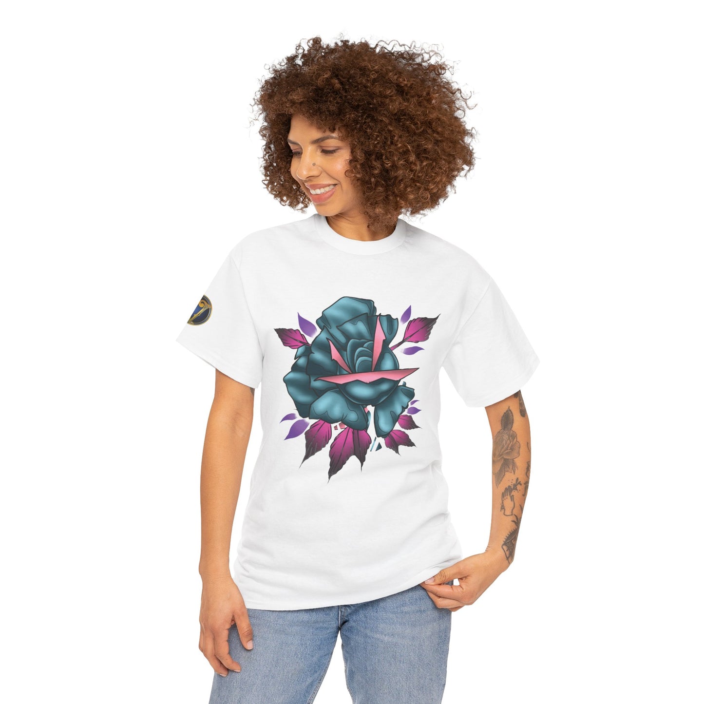Blue & Pink Rose Graphic Tee — Vintage Floral Tattoo Shirt
