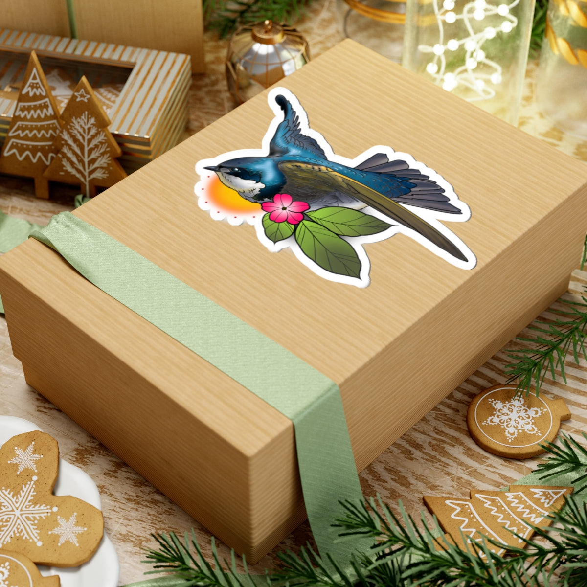 Swallow Bird Kiss-Cut Sticker — Tropical Flower Laptop Decal