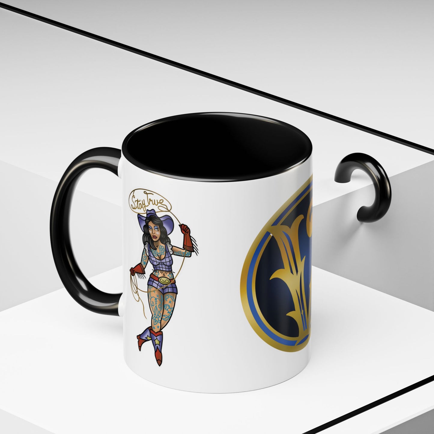 Accent Coffee Mug — Vintage Gold 'V' Monogram & Pin-Up Cowgirl Illustration (11oz/15oz)
