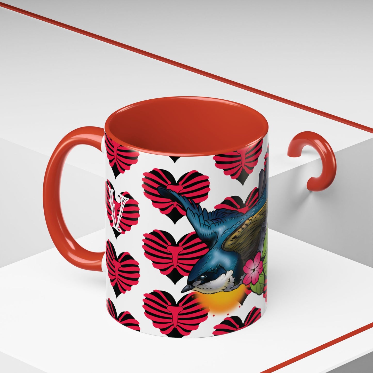 Bird & Hearts Accent Coffee Mug – Colorful Songbird Pattern (11/15oz)