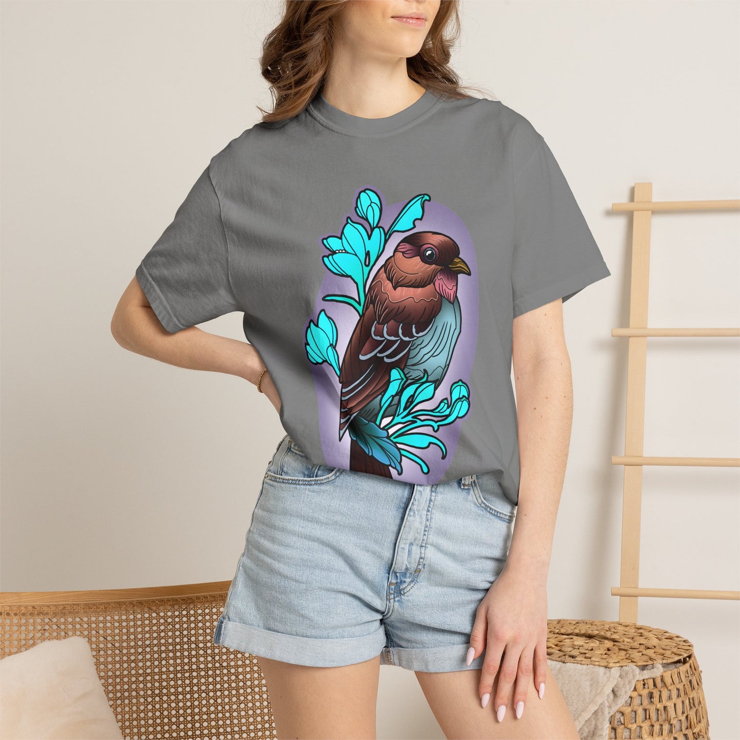 Bird Illustration T-Shirt — Colorful Sparrow on Floral Branch Tee