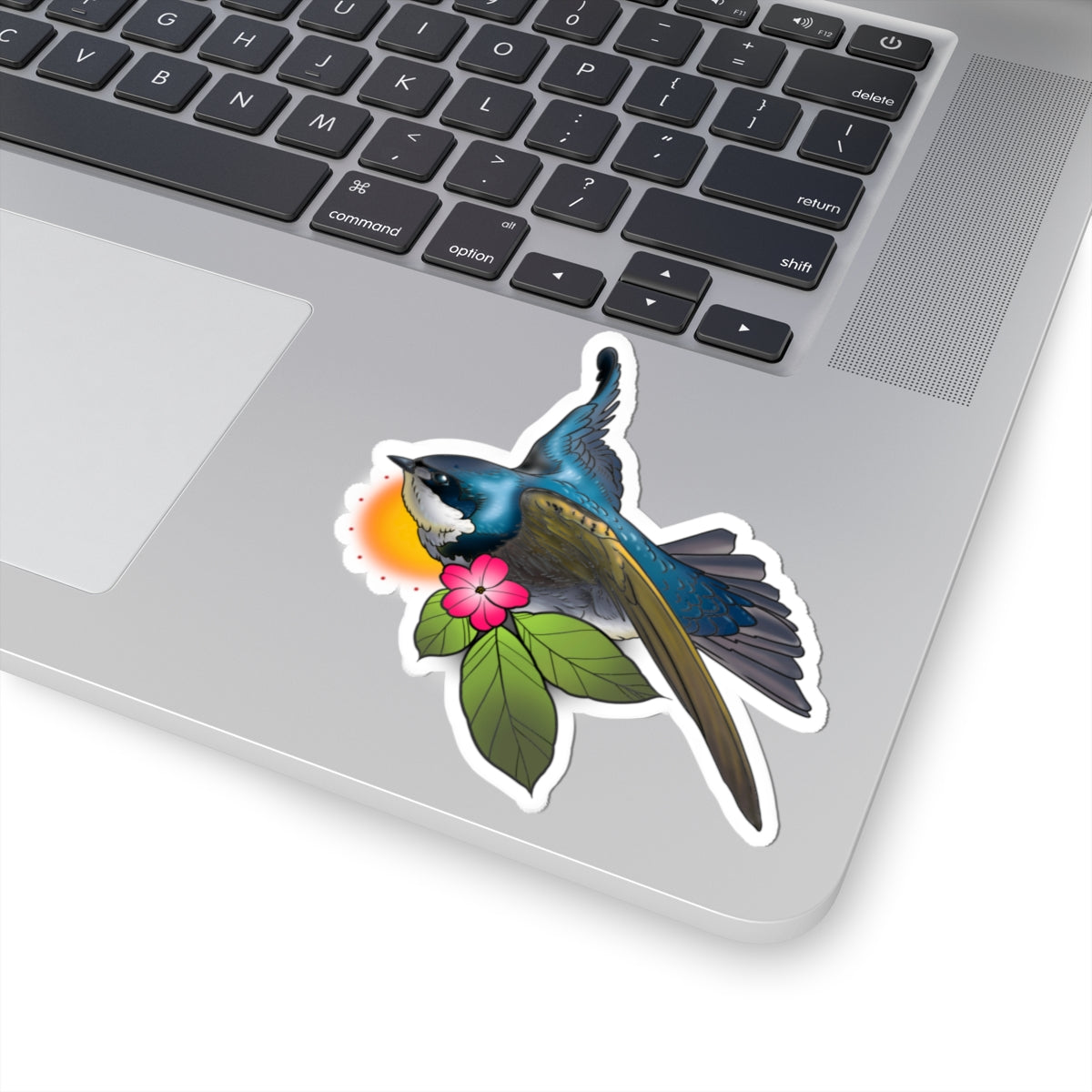 Blue Wren Bird Sticker — Floral Sunrise Kiss-Cut Vinyl Decal