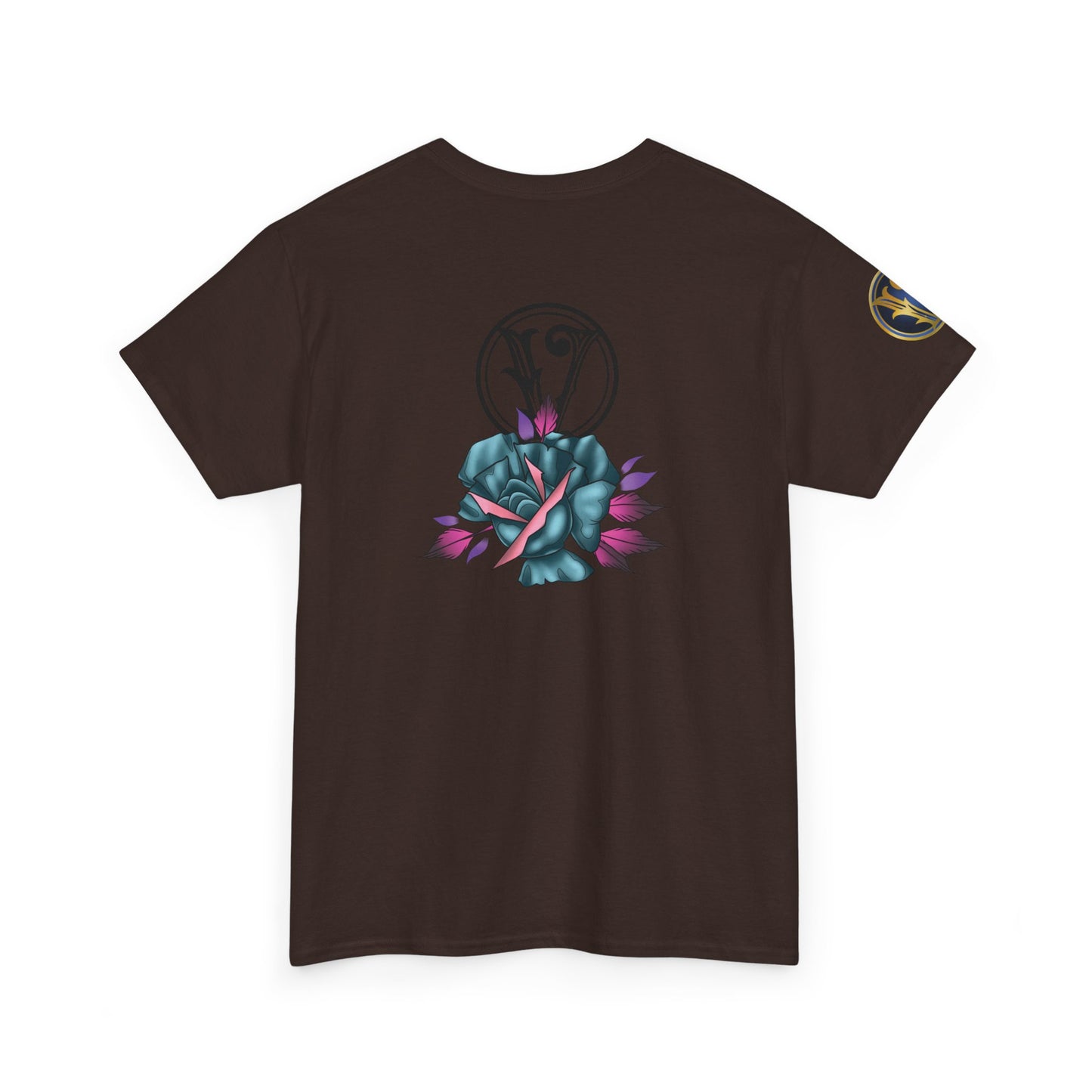 Blue & Pink Rose Graphic Tee — Vintage Floral Tattoo Shirt