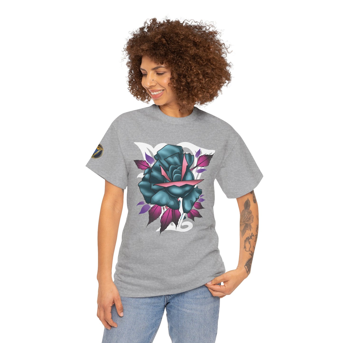 Blue & Pink Rose Graphic Tee — Vintage Floral Tattoo Shirt