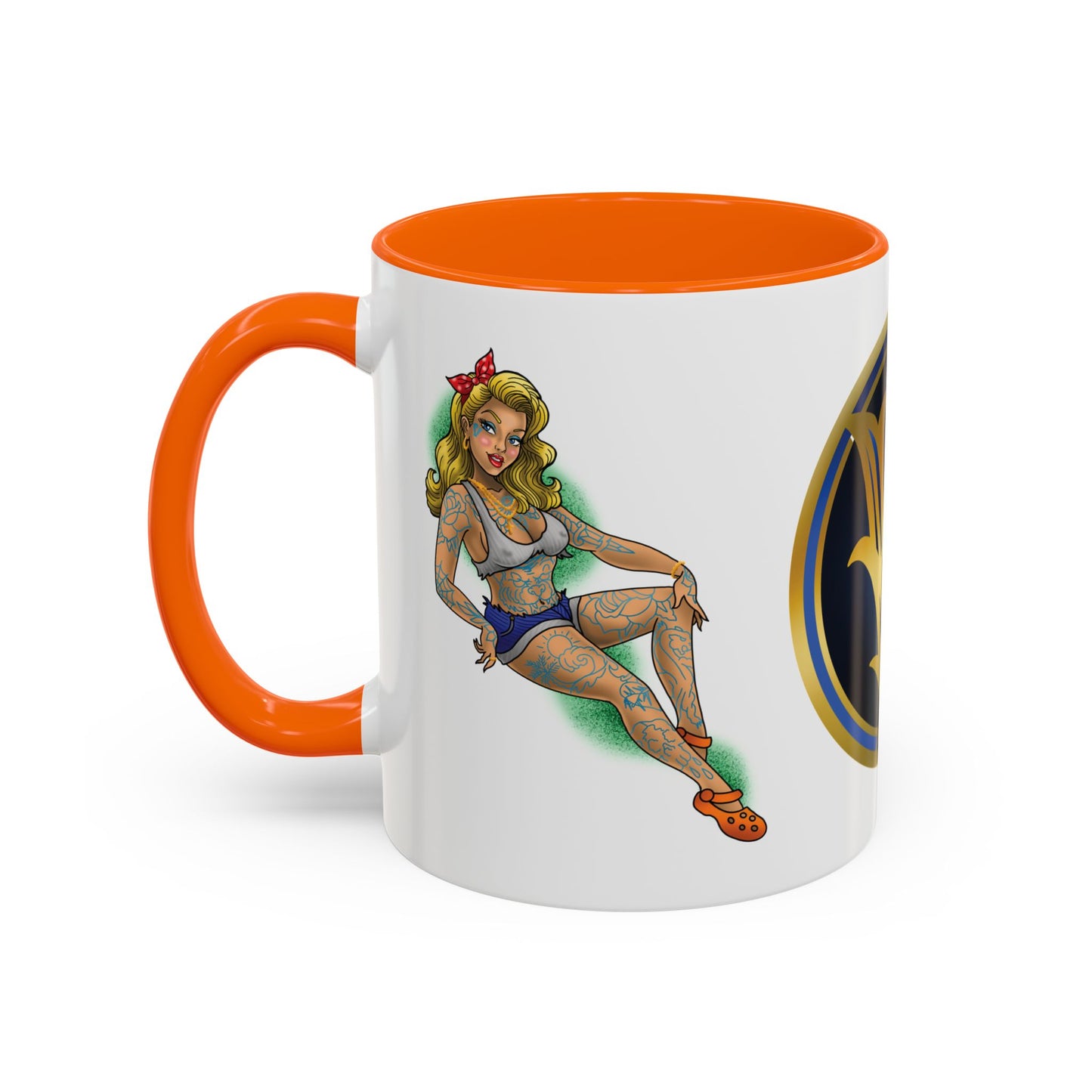 Vintage Pin-Up Coffee Mug with Gold Monogram V — Retro Tattoo Style Accent Mug (11/15oz)
