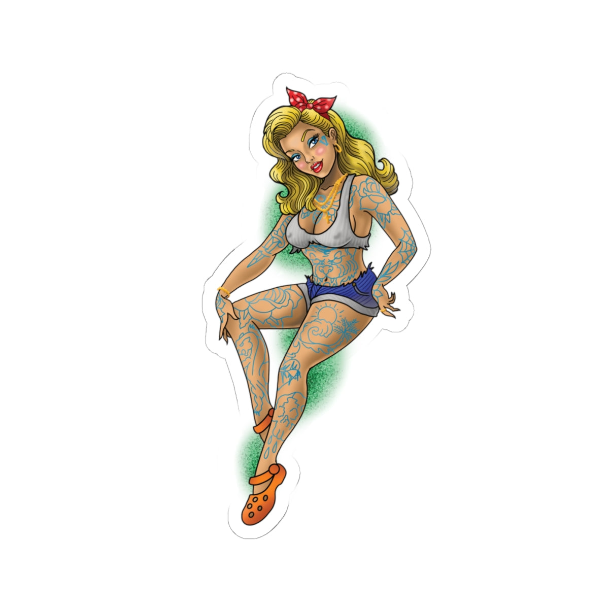 Tattooed Pin-Up Girl Kiss-Cut Sticker — Retro Punk Laptop Decal