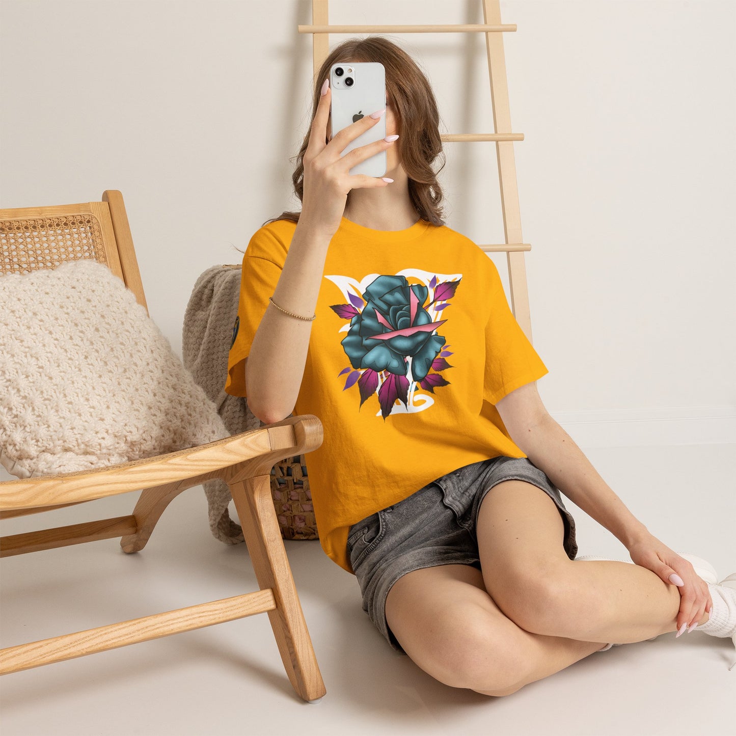 Blue & Pink Rose Graphic Tee — Vintage Floral Tattoo Shirt