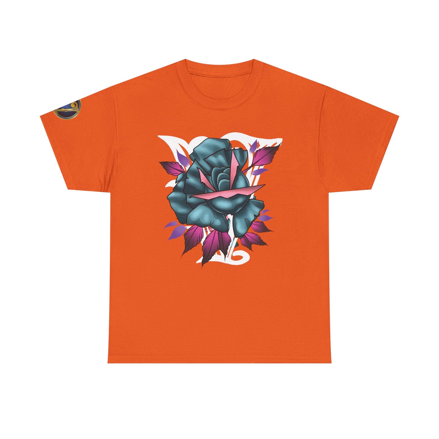 Blue & Pink Rose Graphic Tee — Vintage Floral Tattoo Shirt