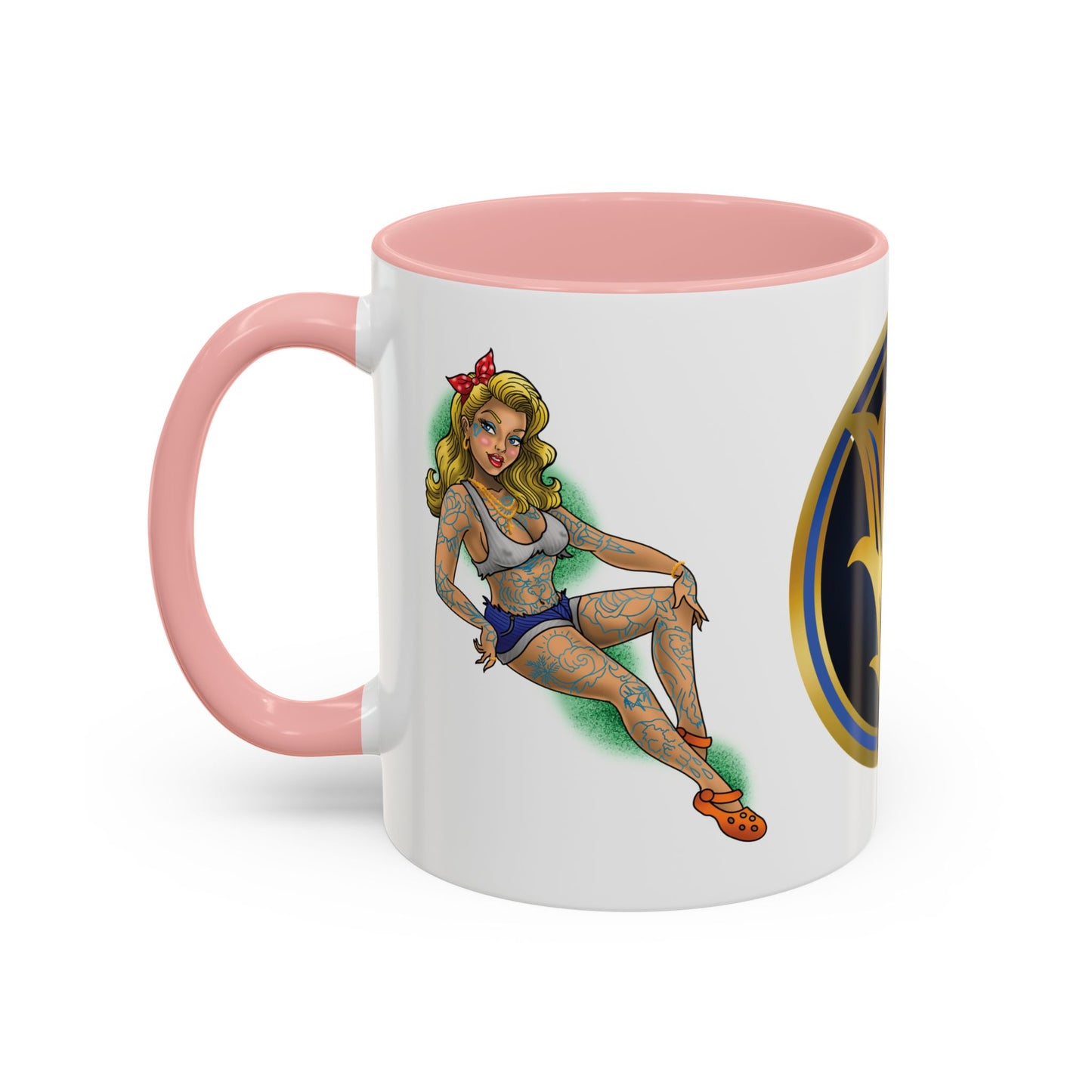 Vintage Pin-Up Coffee Mug with Gold Monogram V — Retro Tattoo Style Accent Mug (11/15oz)