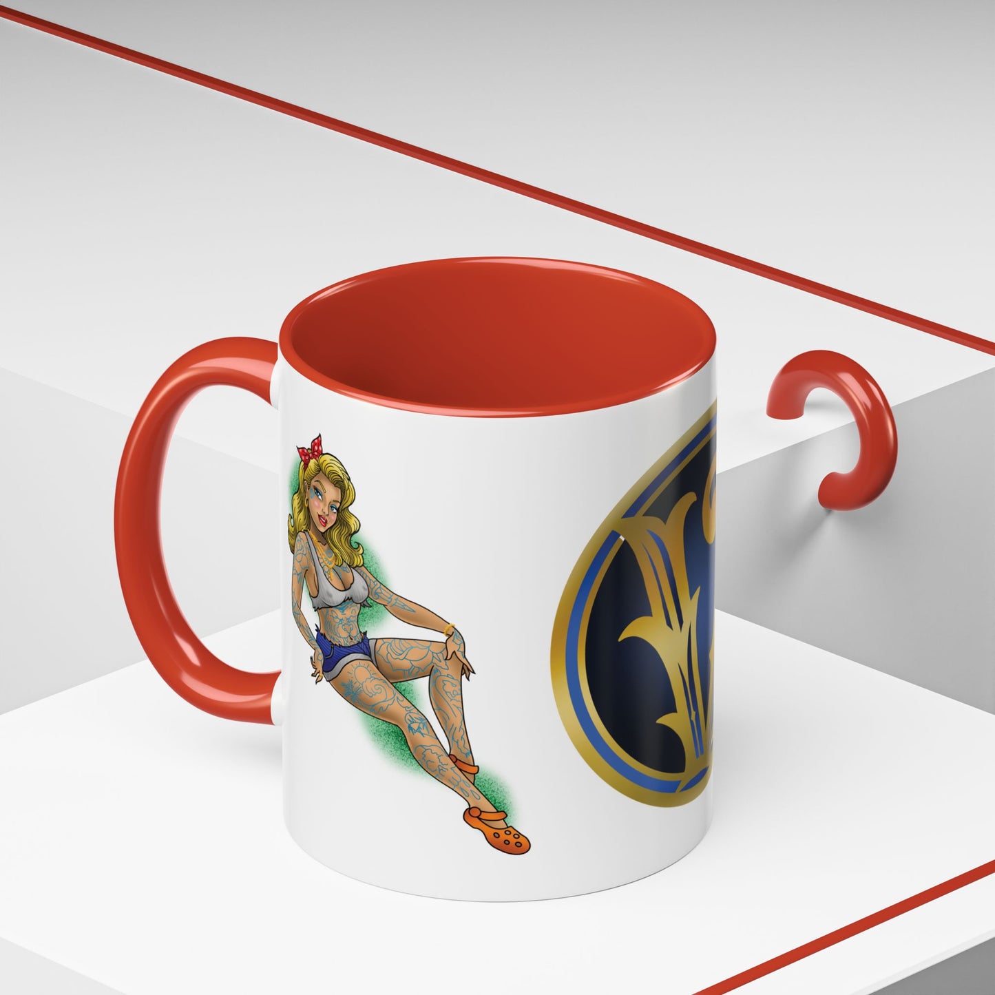 Vintage Pin-Up Coffee Mug with Gold Monogram V — Retro Tattoo Style Accent Mug (11/15oz)