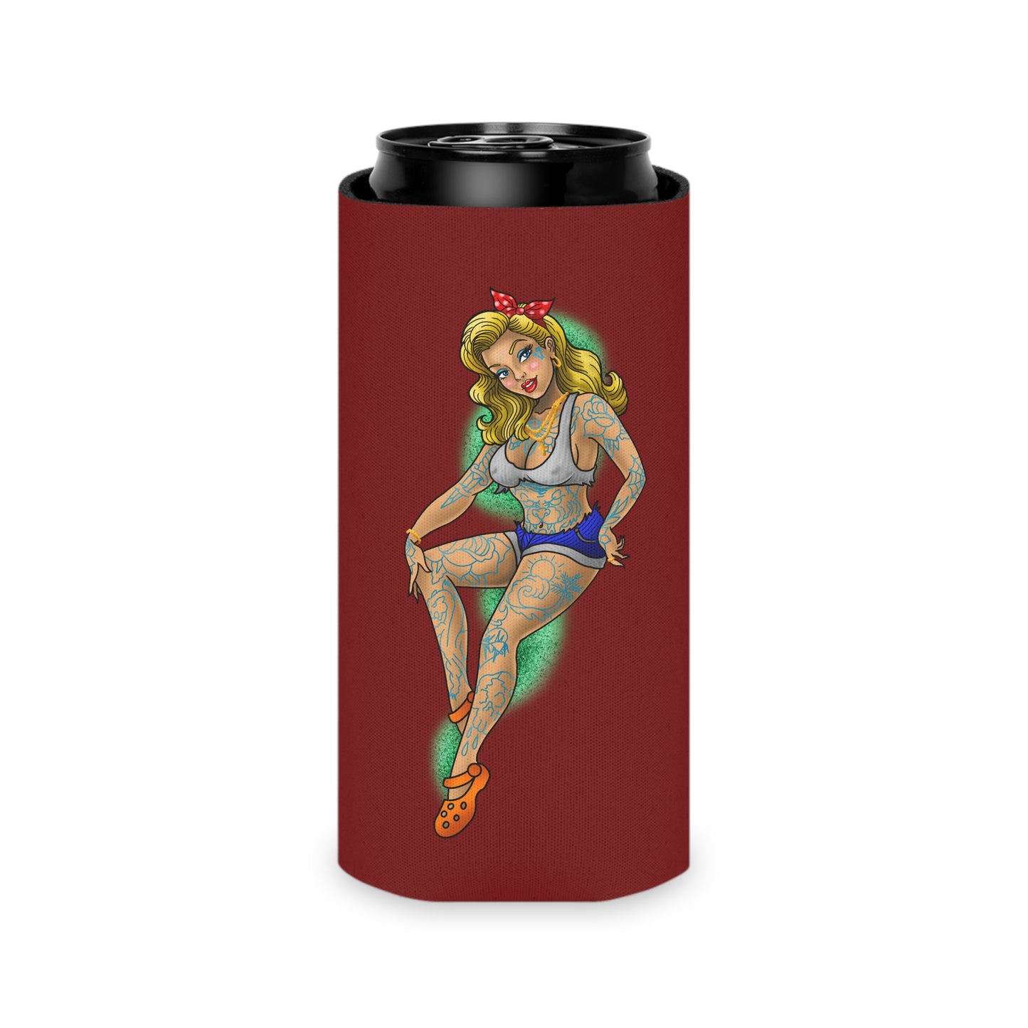 Tattoo Pin-Up Can Cooler – Retro Rockabilly Girl Beverage Koozie