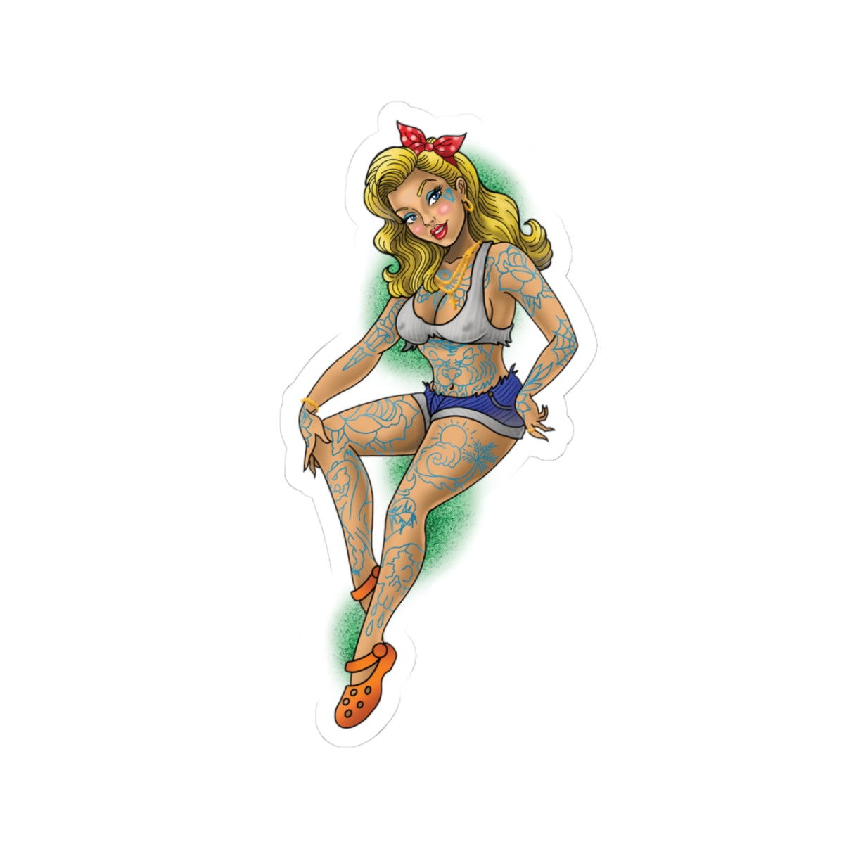 Tattooed Pin-Up Girl Kiss-Cut Sticker — Retro Punk Laptop Decal