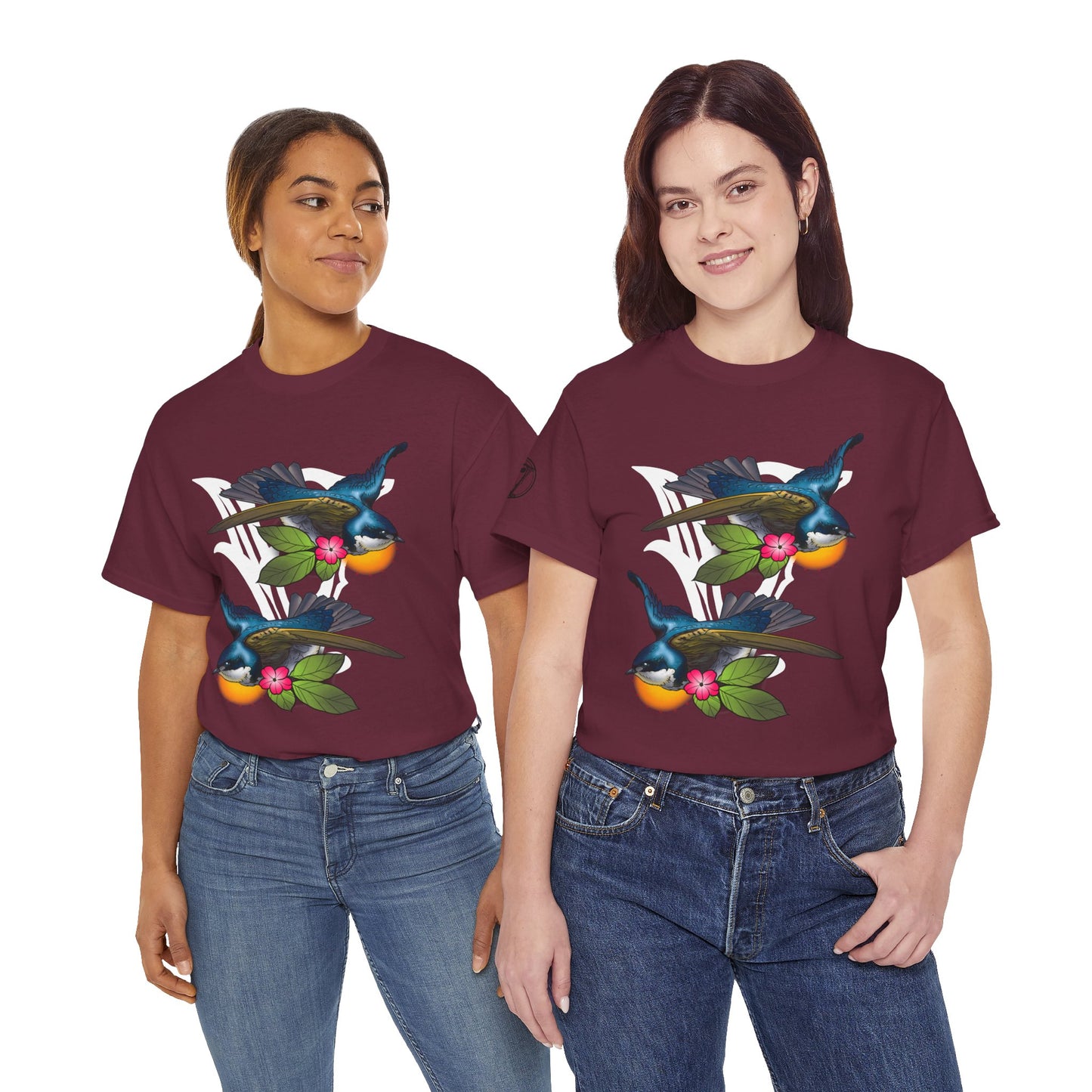 Bird Skull & Swallow Art Tee — Vibrant Blue Bird Illustration T-Shirt