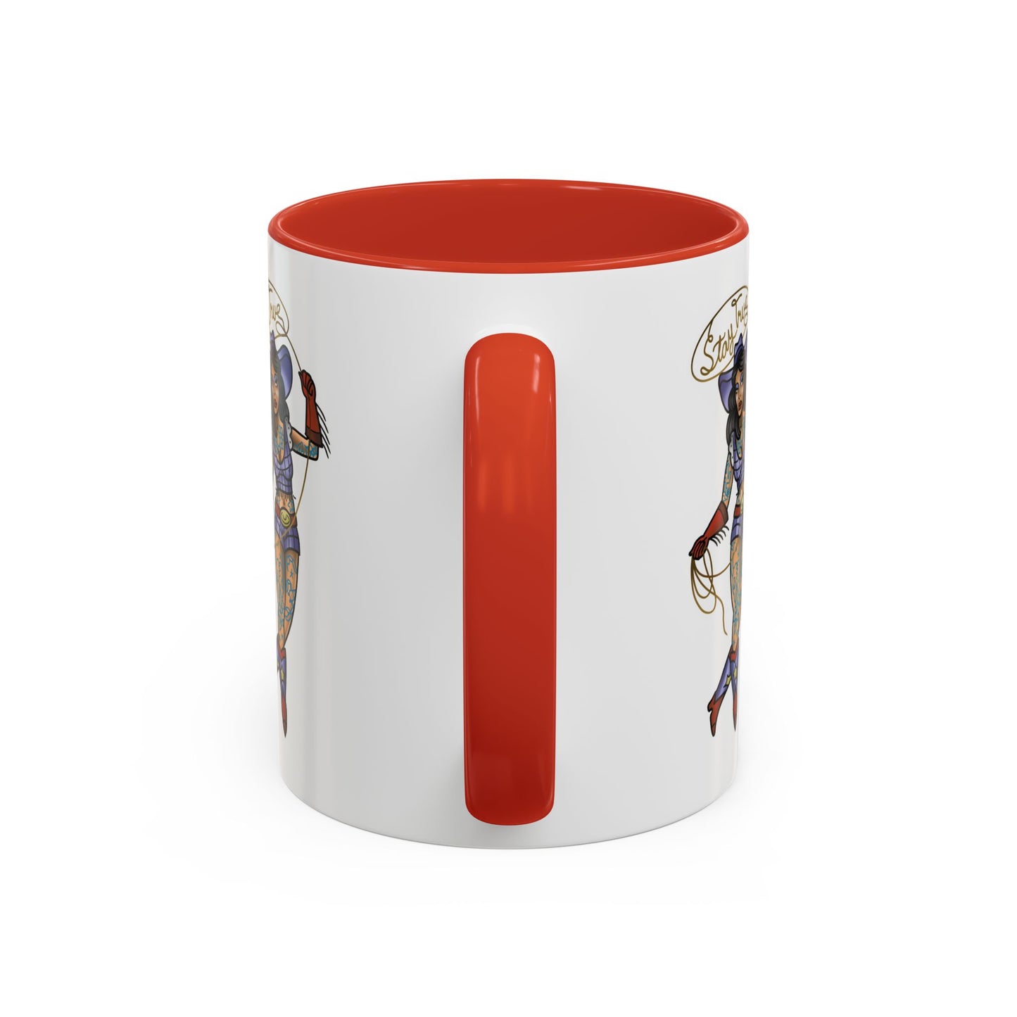 Accent Coffee Mug — Vintage Gold 'V' Monogram & Pin-Up Cowgirl Illustration (11oz/15oz)