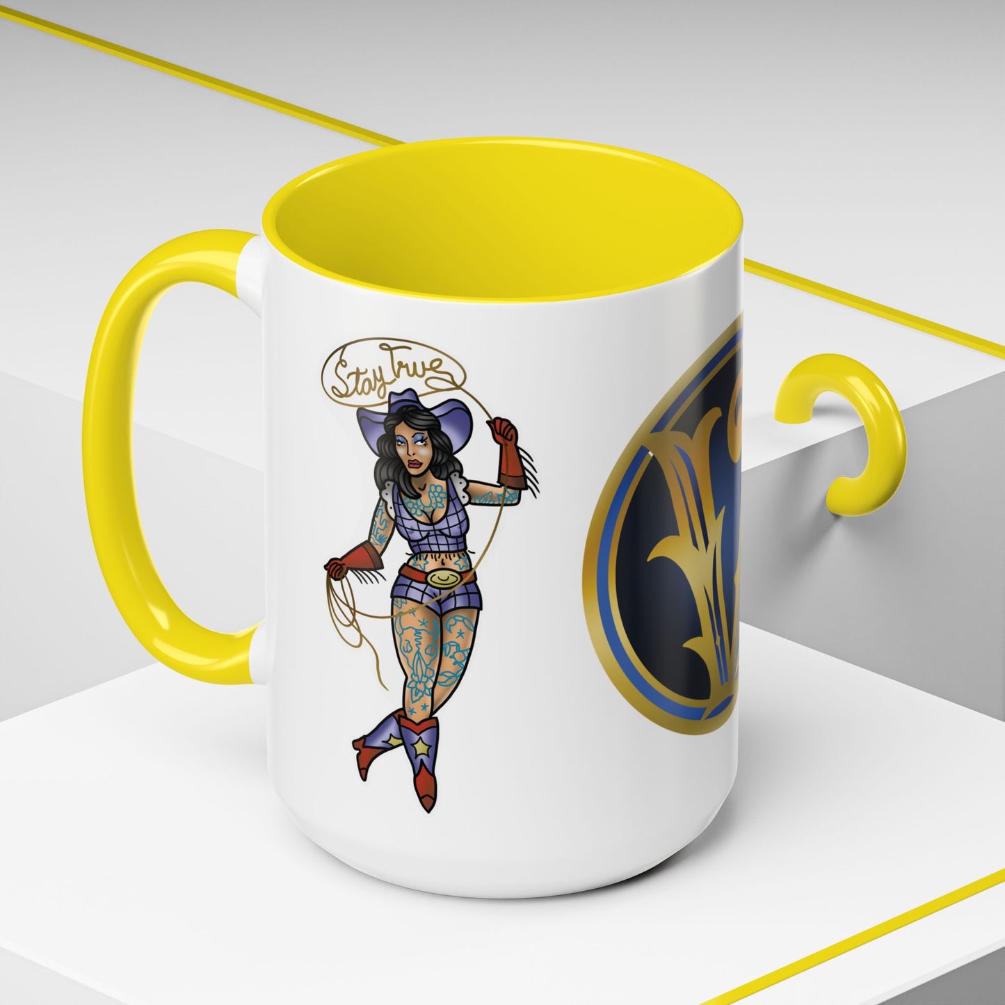 Accent Coffee Mug — Vintage Gold 'V' Monogram & Pin-Up Cowgirl Illustration (11oz/15oz)