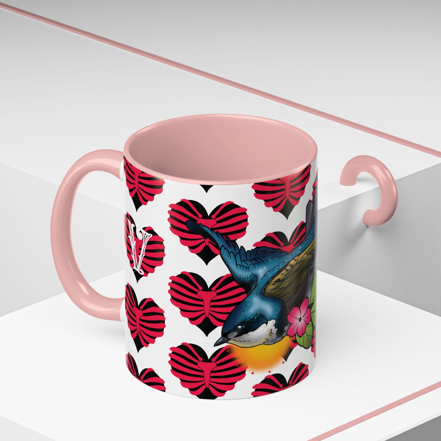 Bird & Hearts Accent Coffee Mug – Colorful Songbird Pattern (11/15oz)