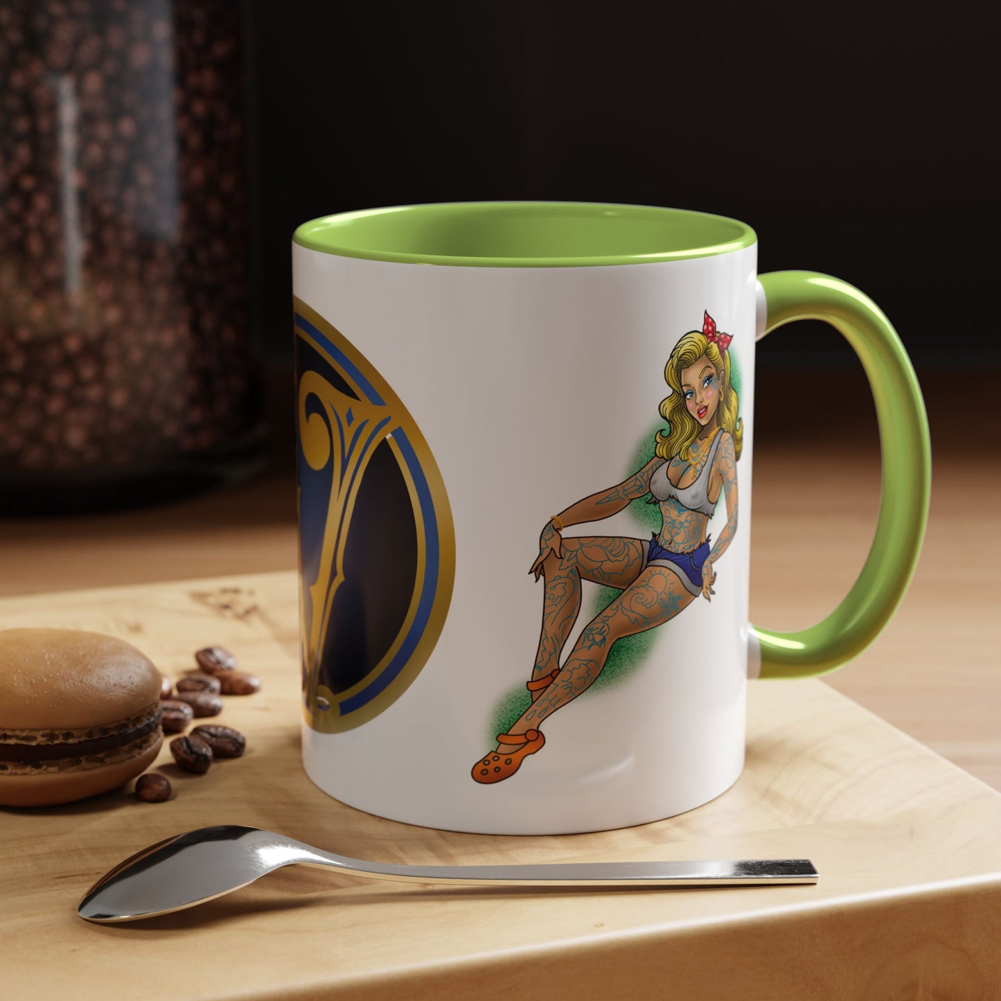 Vintage Pin-Up Coffee Mug with Gold Monogram V — Retro Tattoo Style Accent Mug (11/15oz)