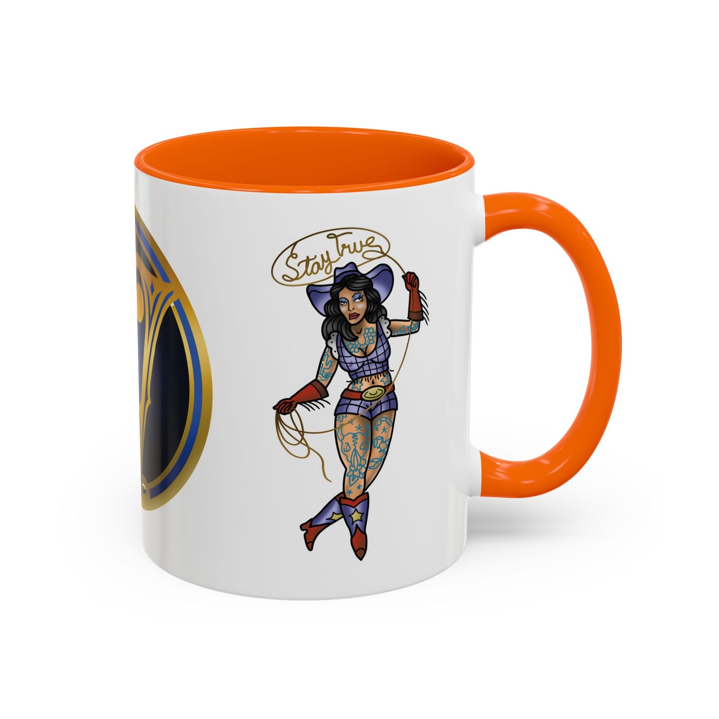 Accent Coffee Mug — Vintage Gold 'V' Monogram & Pin-Up Cowgirl Illustration (11oz/15oz)