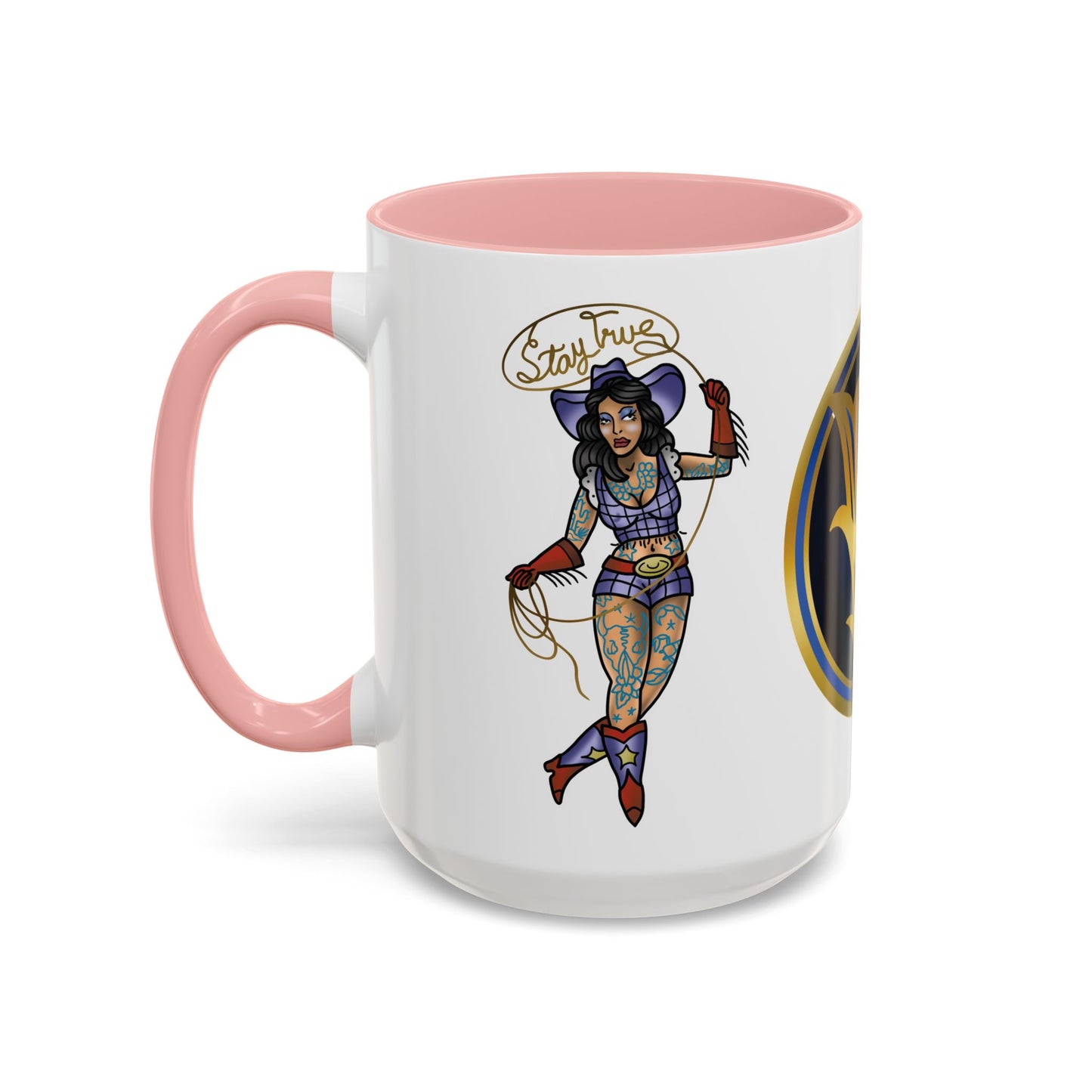 Accent Coffee Mug — Vintage Gold 'V' Monogram & Pin-Up Cowgirl Illustration (11oz/15oz)
