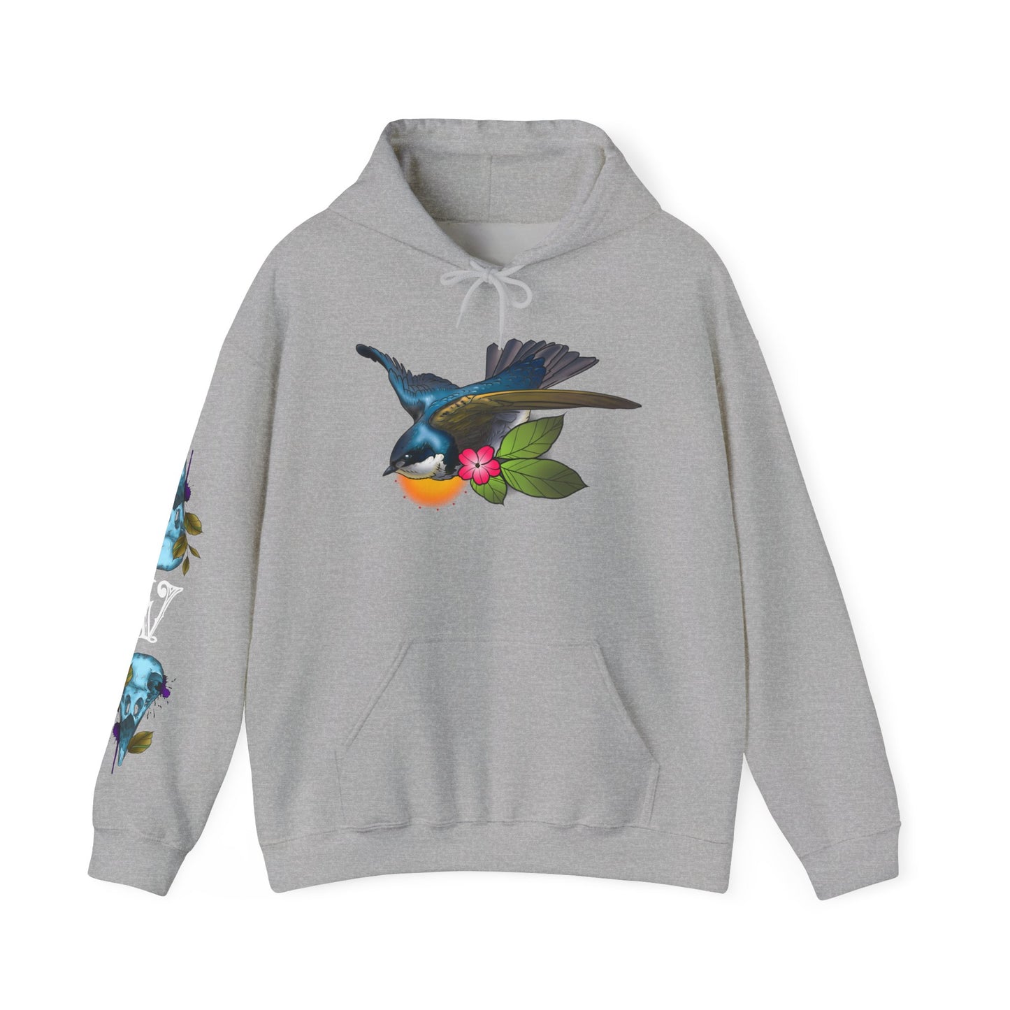 Swallow & Blossom Hoodie – Blue Bird Floral Graphic Sweatshirt