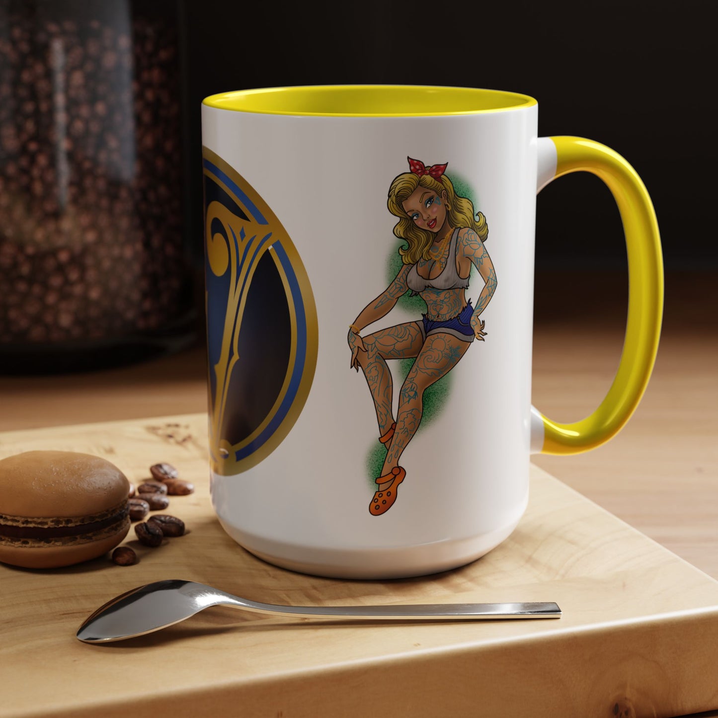 Vintage Pin-Up Coffee Mug with Gold Monogram V — Retro Tattoo Style Accent Mug (11/15oz)