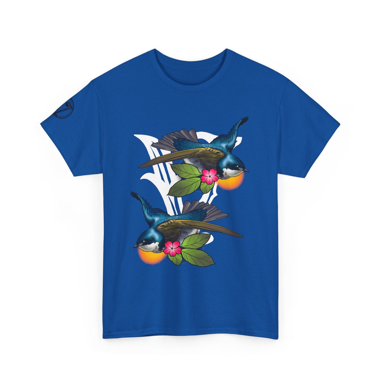 Bird Skull & Swallow Art Tee — Vibrant Blue Bird Illustration T-Shirt