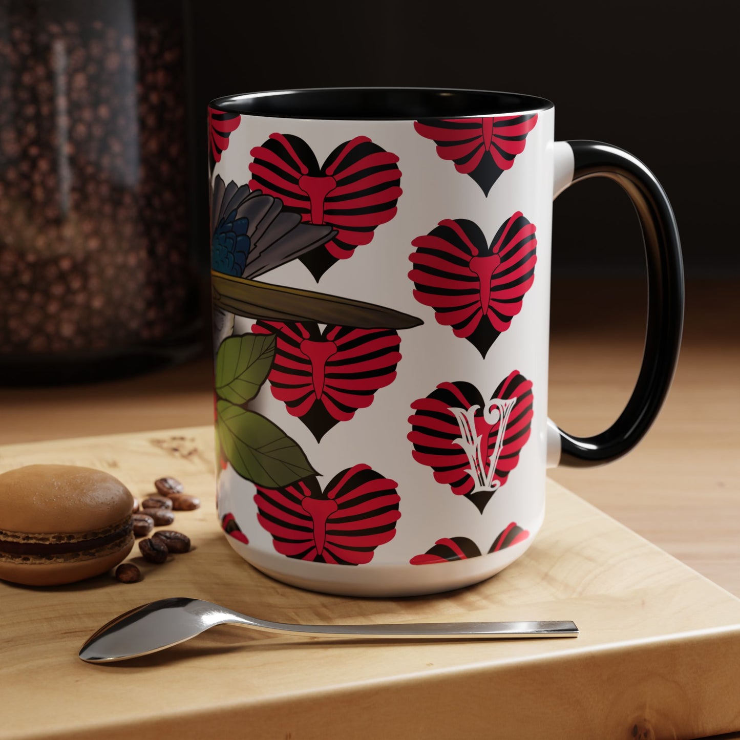 Bird & Hearts Accent Coffee Mug – Colorful Songbird Pattern (11/15oz)
