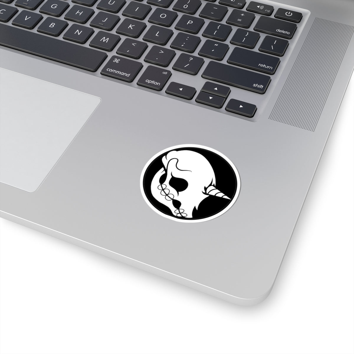 Skull Unicorn Kiss-Cut Sticker — Gothic Black & White Laptop Decal