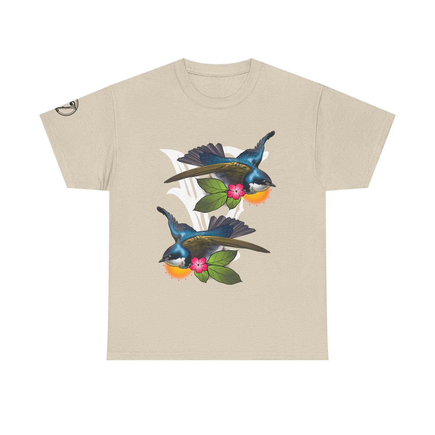 Bird Skull & Swallow Art Tee — Vibrant Blue Bird Illustration T-Shirt