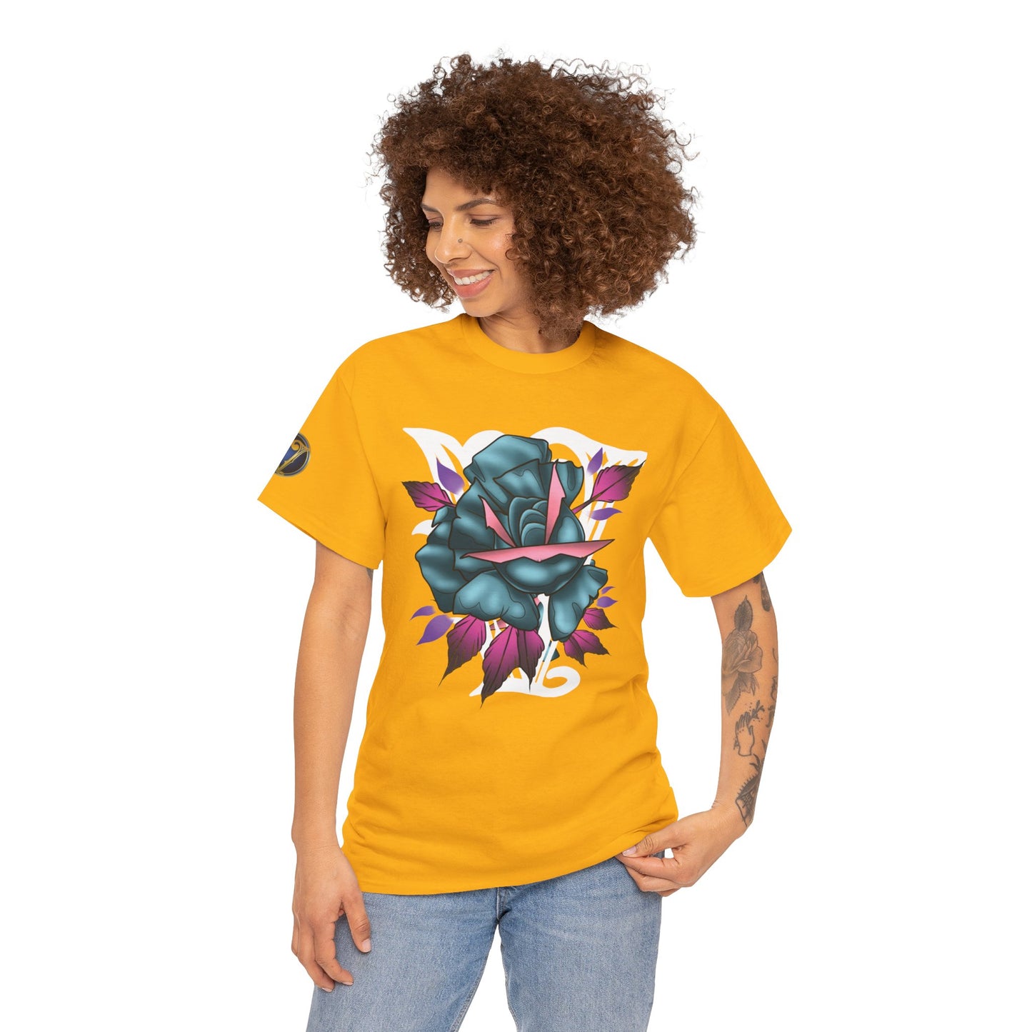 Blue & Pink Rose Graphic Tee — Vintage Floral Tattoo Shirt