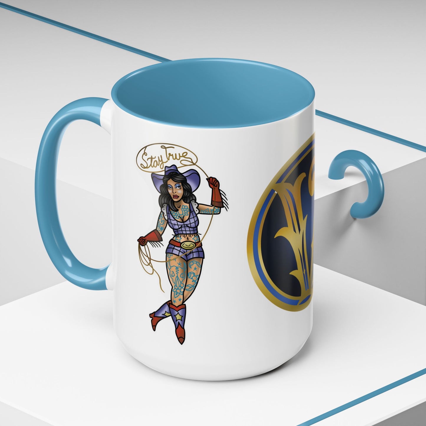 Accent Coffee Mug — Vintage Gold 'V' Monogram & Pin-Up Cowgirl Illustration (11oz/15oz)