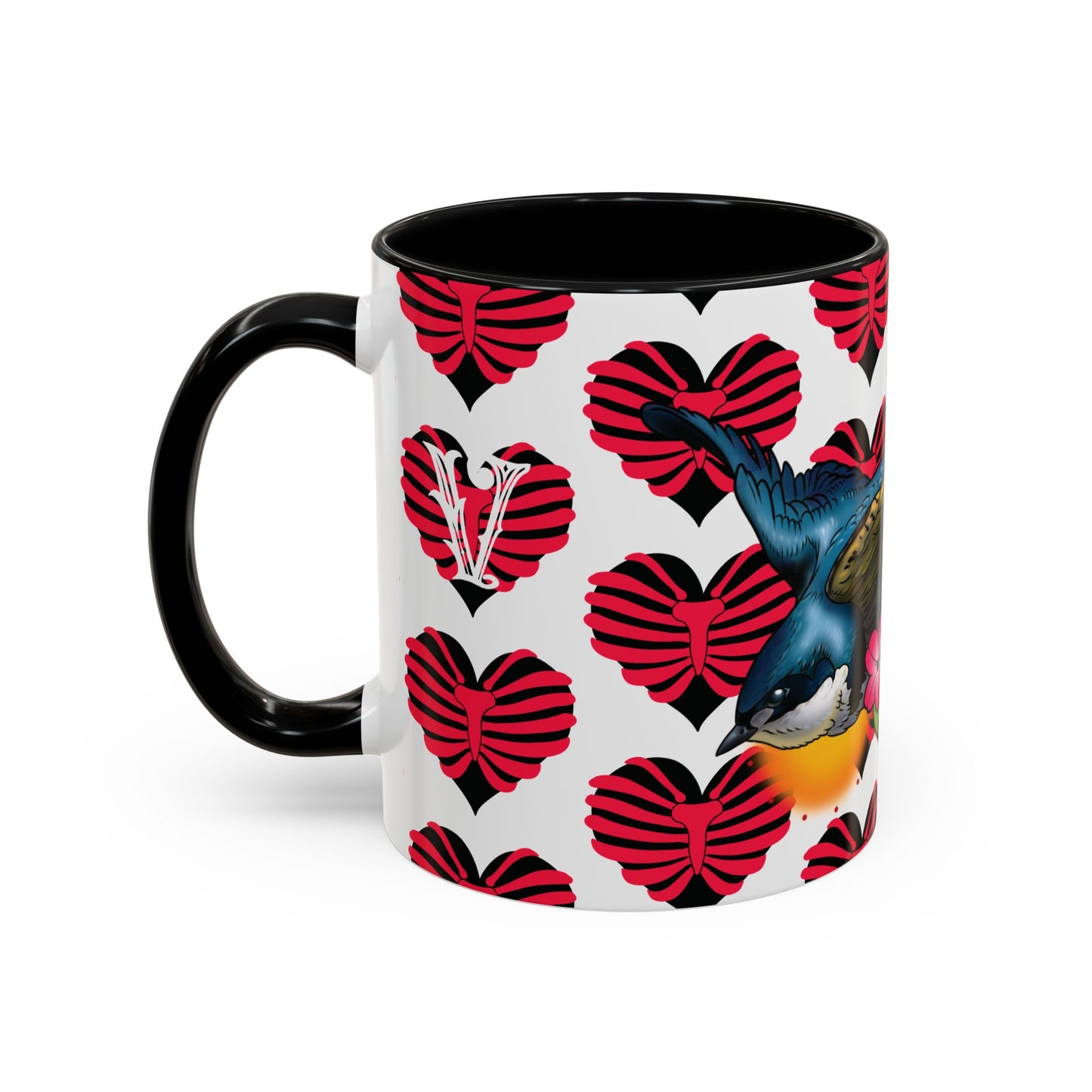 Bird & Hearts Accent Coffee Mug – Colorful Songbird Pattern (11/15oz)