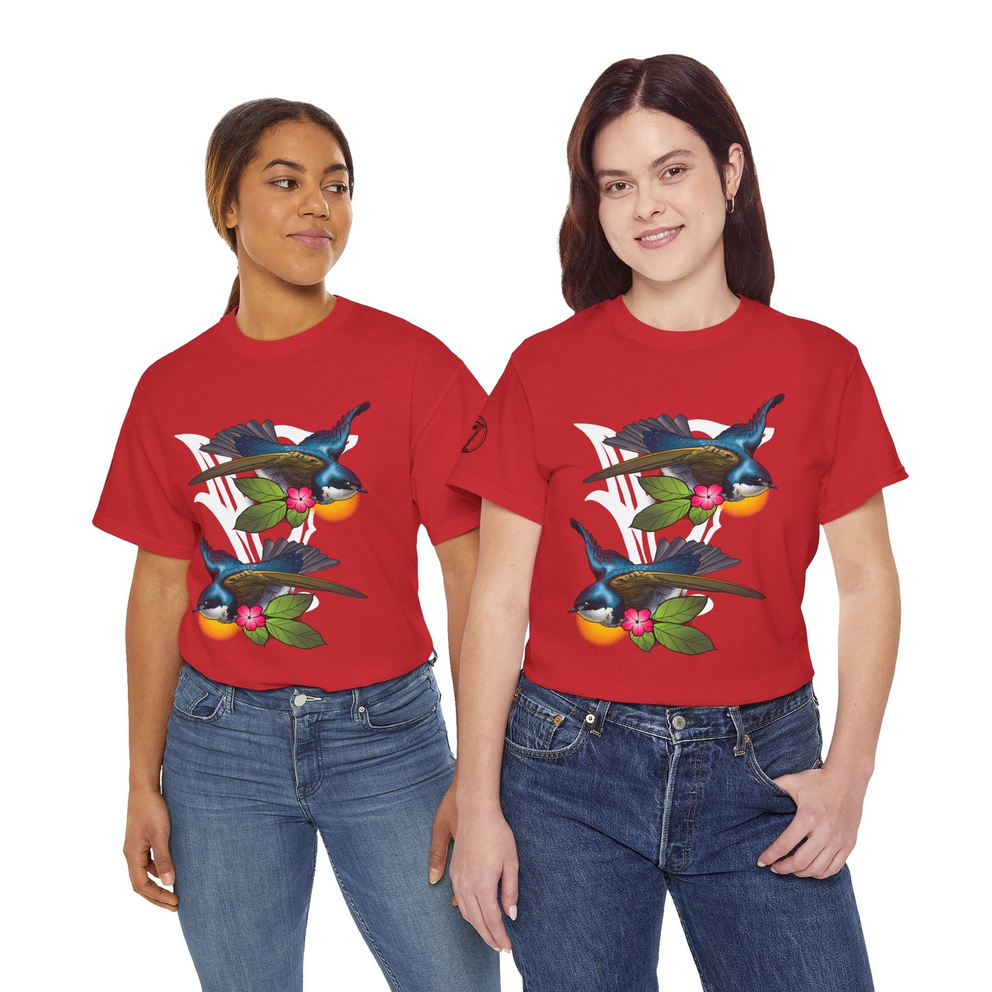Bird Skull & Swallow Art Tee — Vibrant Blue Bird Illustration T-Shirt