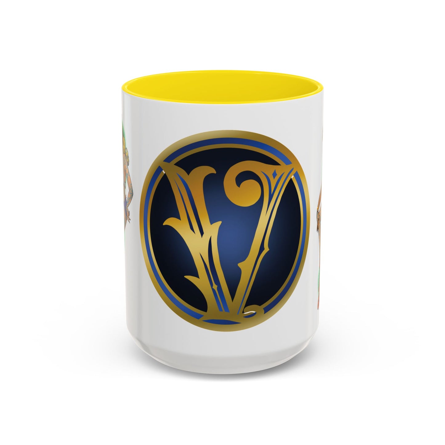 Vintage Pin-Up Coffee Mug with Gold Monogram V — Retro Tattoo Style Accent Mug (11/15oz)