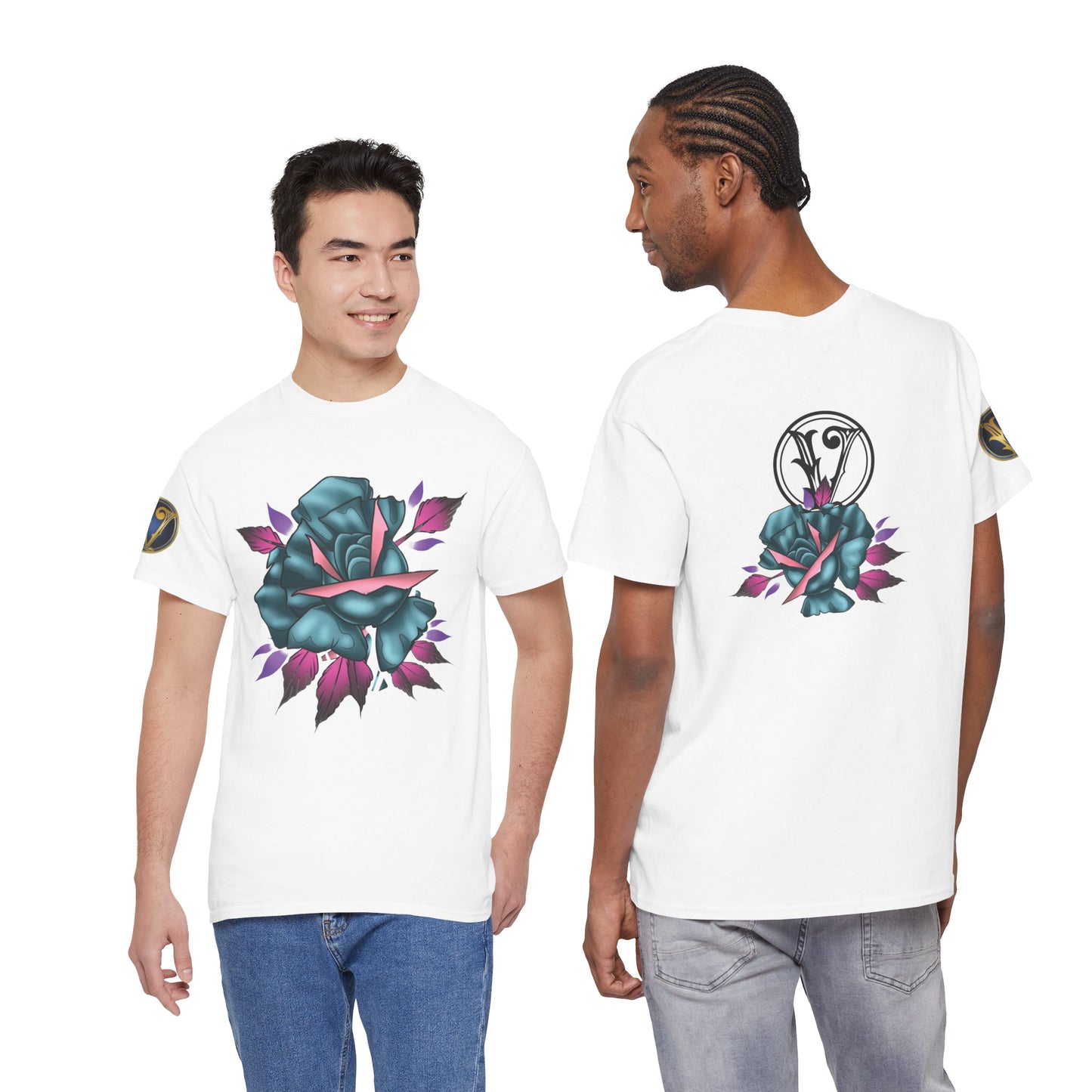 Blue & Pink Rose Graphic Tee — Vintage Floral Tattoo Shirt