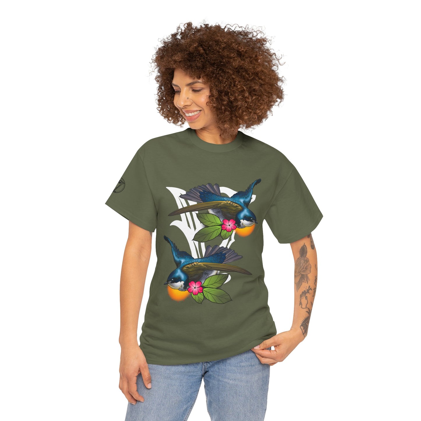 Bird Skull & Swallow Art Tee — Vibrant Blue Bird Illustration T-Shirt