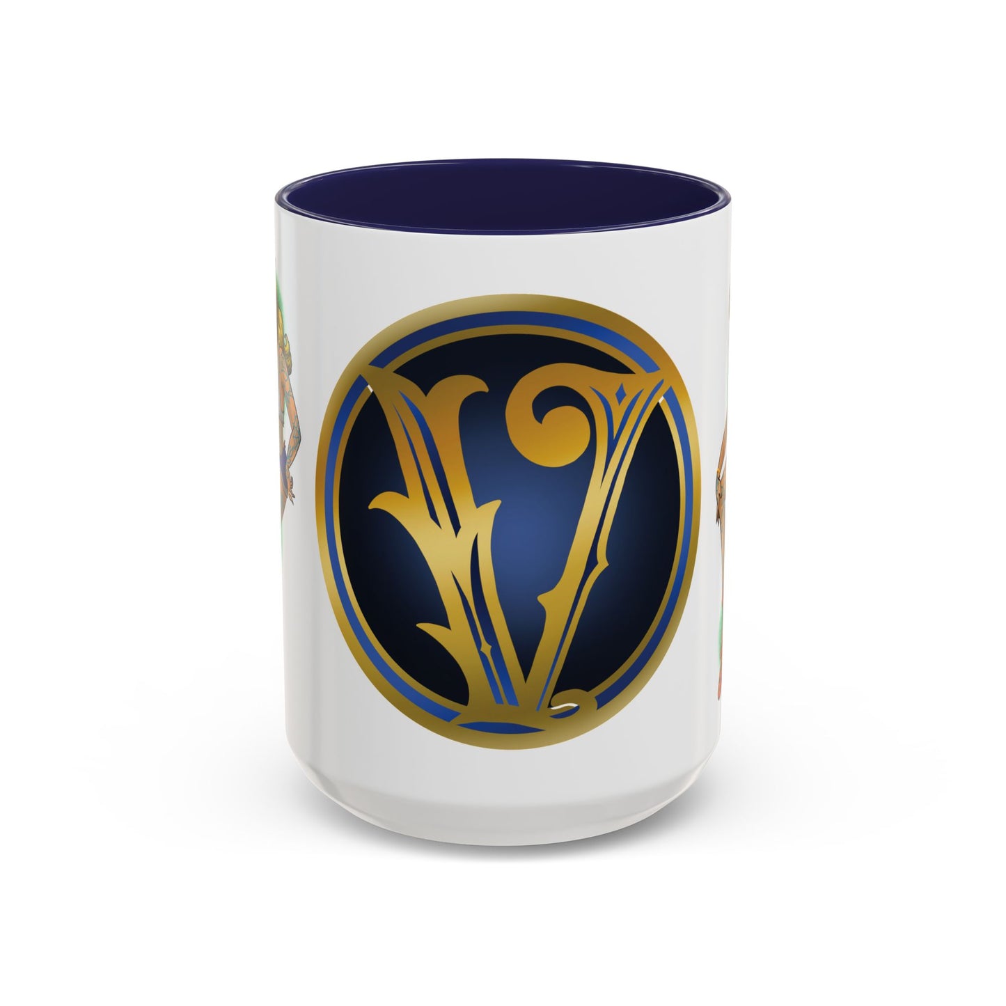 Vintage Pin-Up Coffee Mug with Gold Monogram V — Retro Tattoo Style Accent Mug (11/15oz)