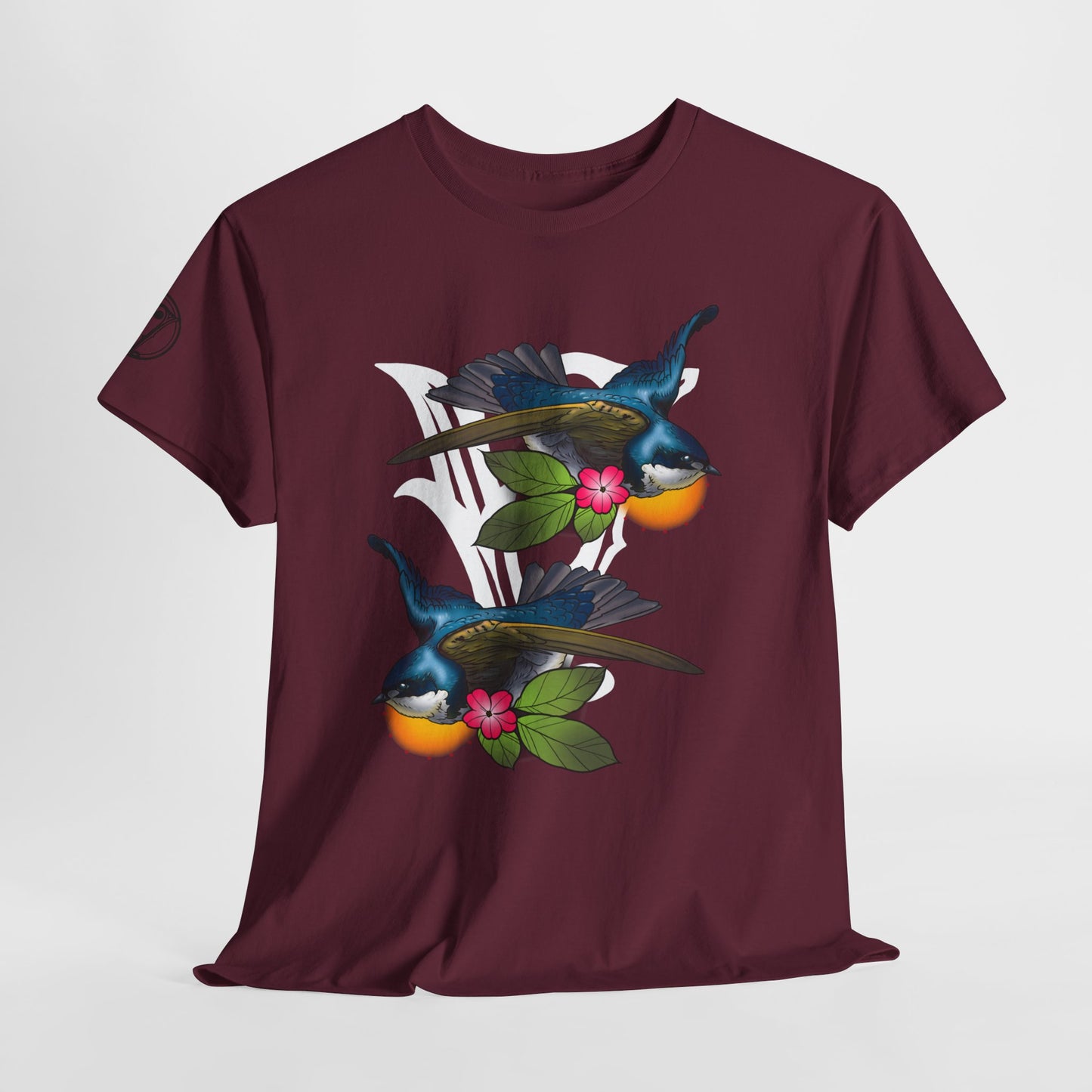 Bird Skull & Swallow Art Tee — Vibrant Blue Bird Illustration T-Shirt