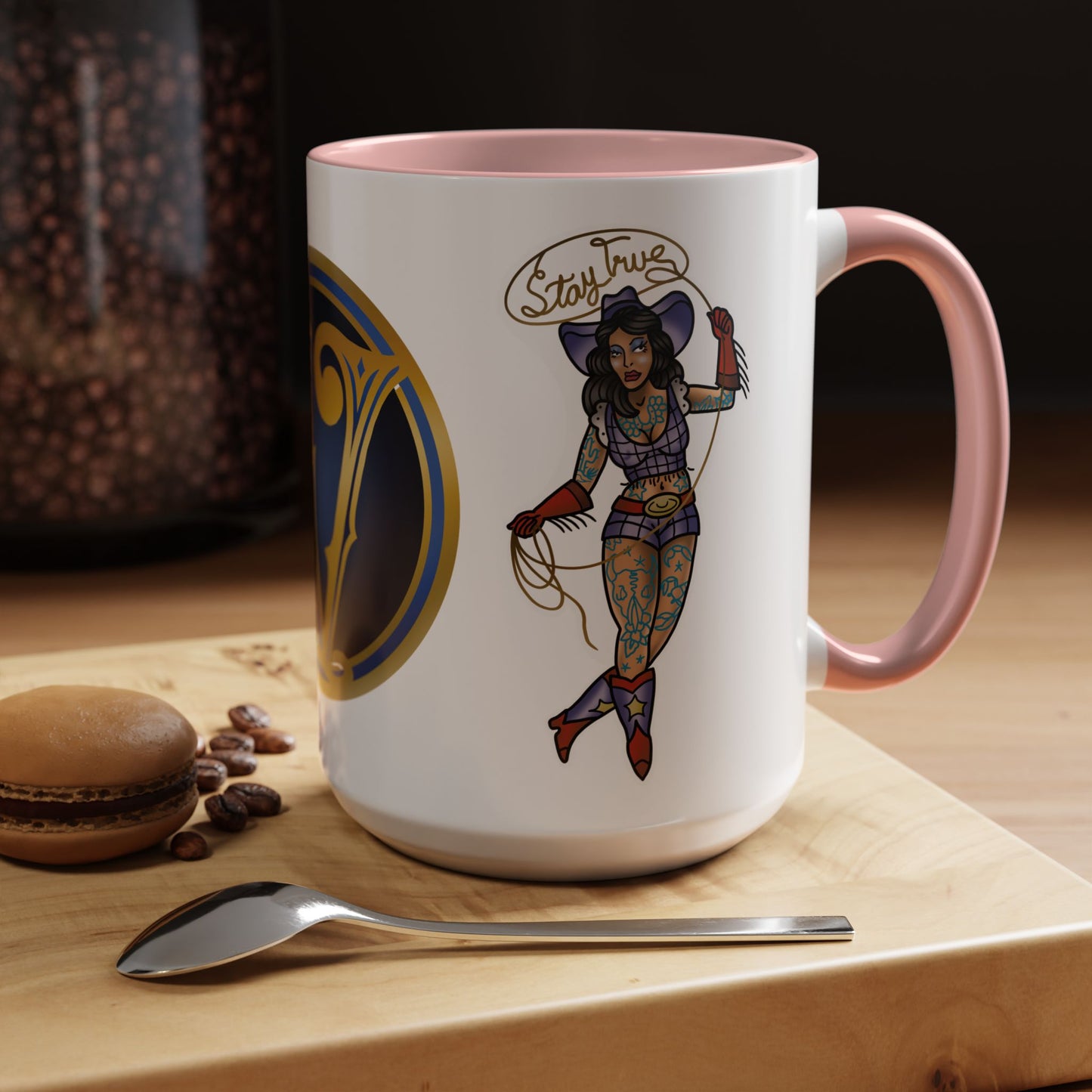 Accent Coffee Mug — Vintage Gold 'V' Monogram & Pin-Up Cowgirl Illustration (11oz/15oz)