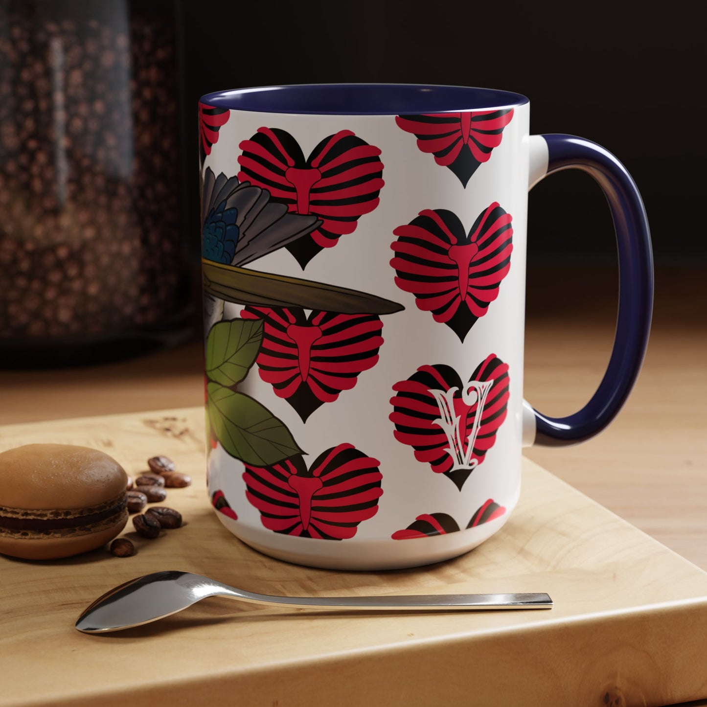 Bird & Hearts Accent Coffee Mug – Colorful Songbird Pattern (11/15oz)