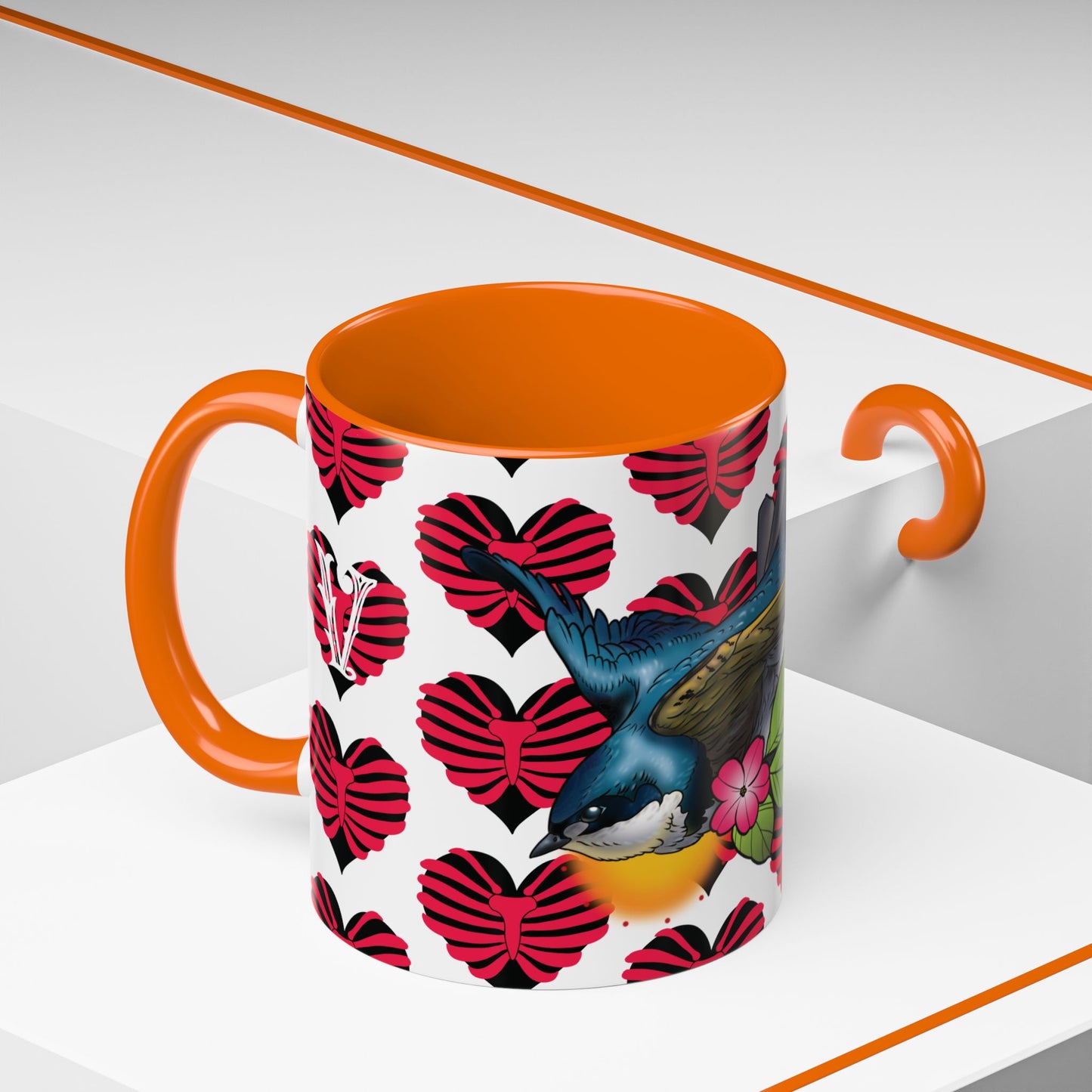 Bird & Hearts Accent Coffee Mug – Colorful Songbird Pattern (11/15oz)