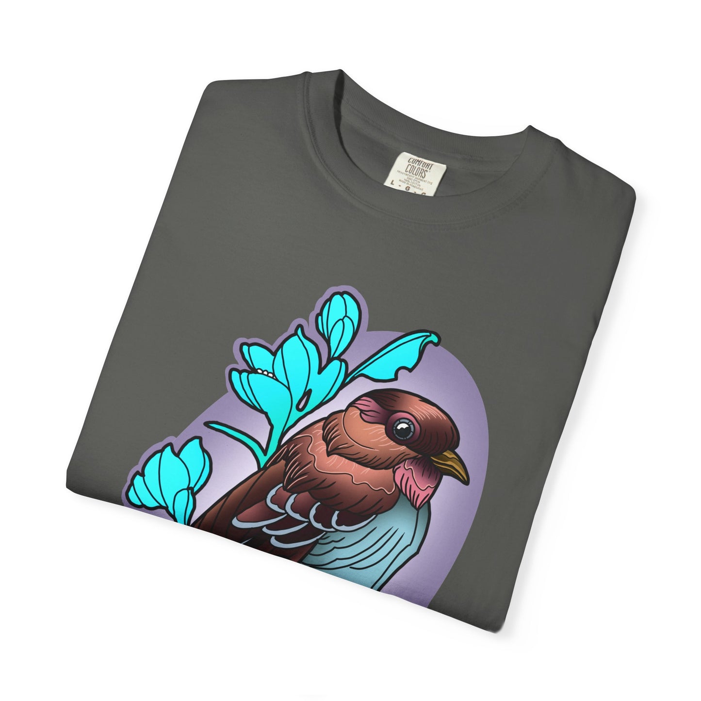 Bird Illustration T-Shirt — Colorful Sparrow on Floral Branch Tee