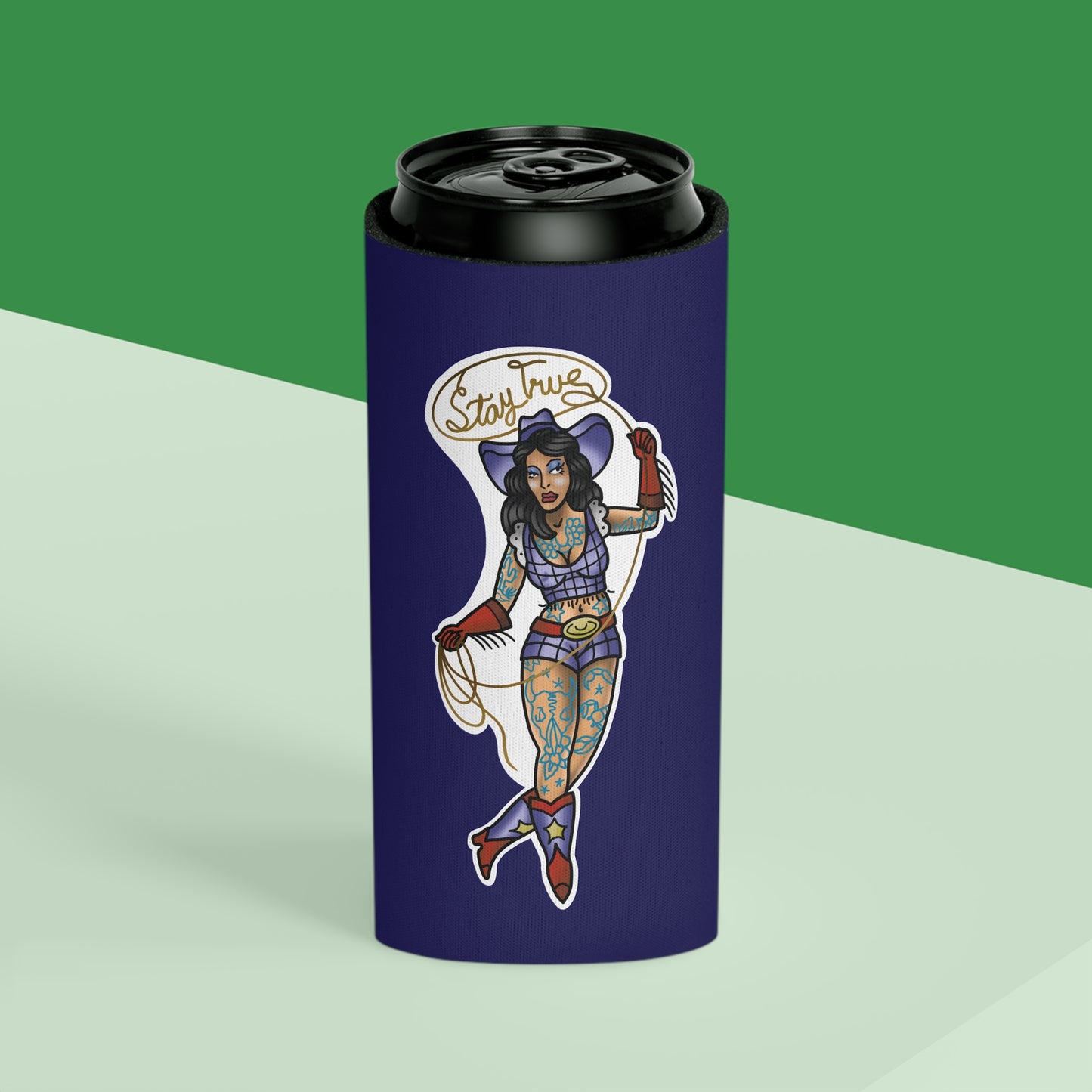 Can Cooler — Retro Tattoo Pinup Girl Design "Stay True"